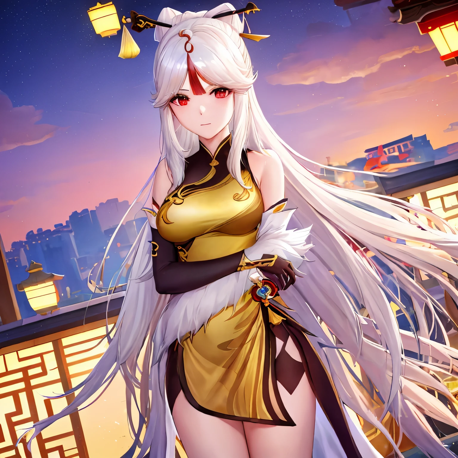 YSningguang, 1girl, solo, red eyes, long hair, hair ornament, looking at viewer, elbow gloves, dress, chinese clothes, white hair,bangs, tassel, hairpin, claw ring, breasts, china dress, parted bangs,sidelocks,hair stick, vision \(genshin impact\),cityscape, night, poolside, cowboy shot,