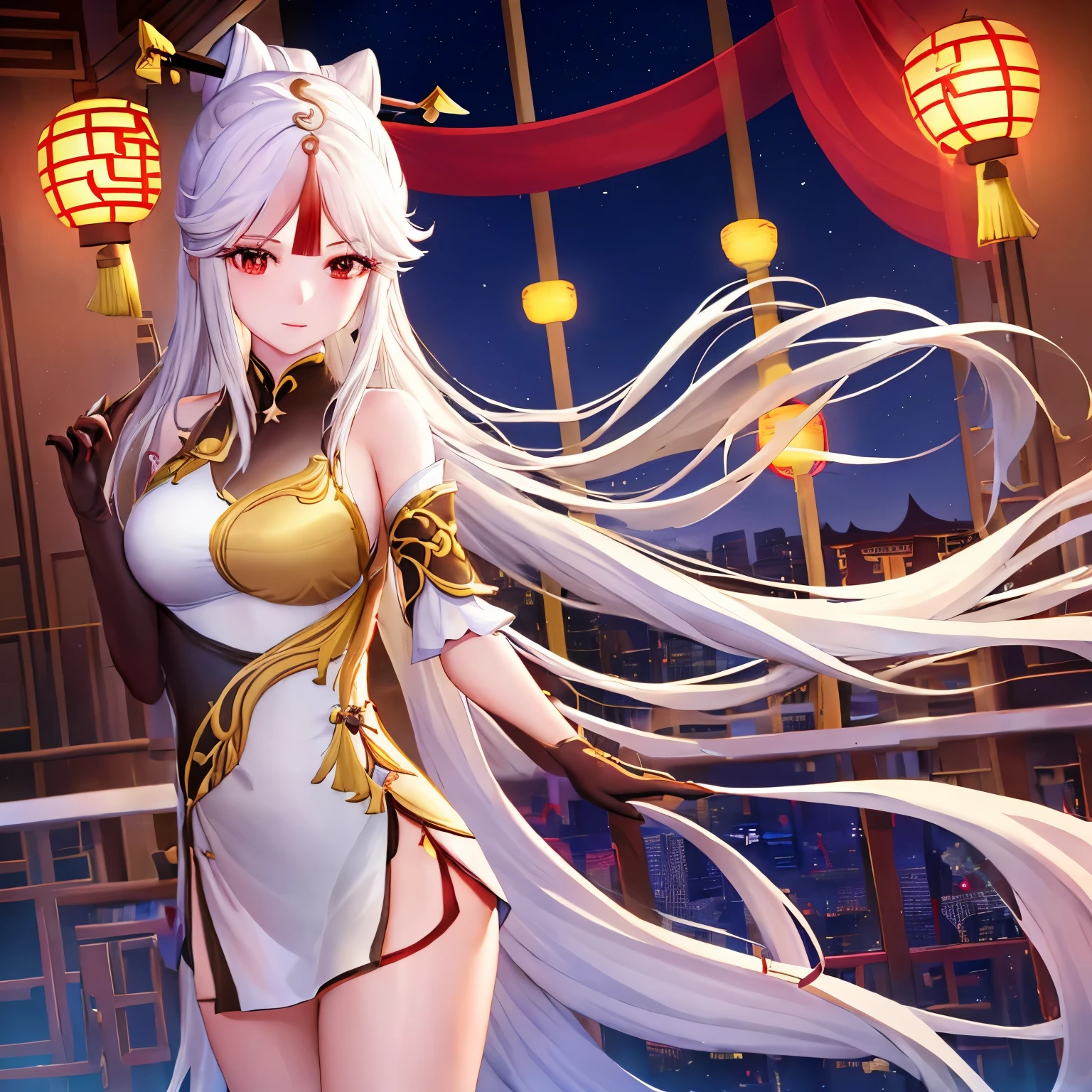 YSningguang, 1girl, solo, red eyes, long hair, hair ornament, looking at viewer, elbow gloves, dress, chinese clothes, white hair,bangs, tassel, hairpin, claw ring, breasts, china dress, parted bangs,sidelocks,hair stick, vision \(genshin impact\),cityscape, night, poolside, cowboy shot,