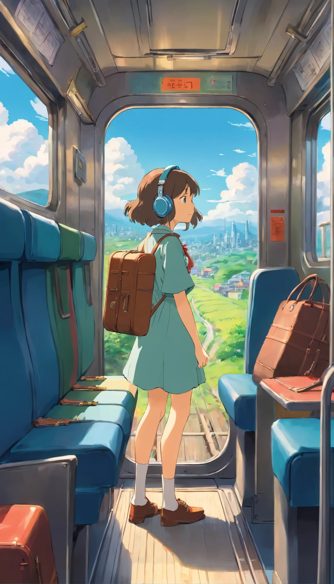 Departing from a rural town、on the train、girl、Look at the cityscape outside the train window、large trunk case、headphone、nostalgic