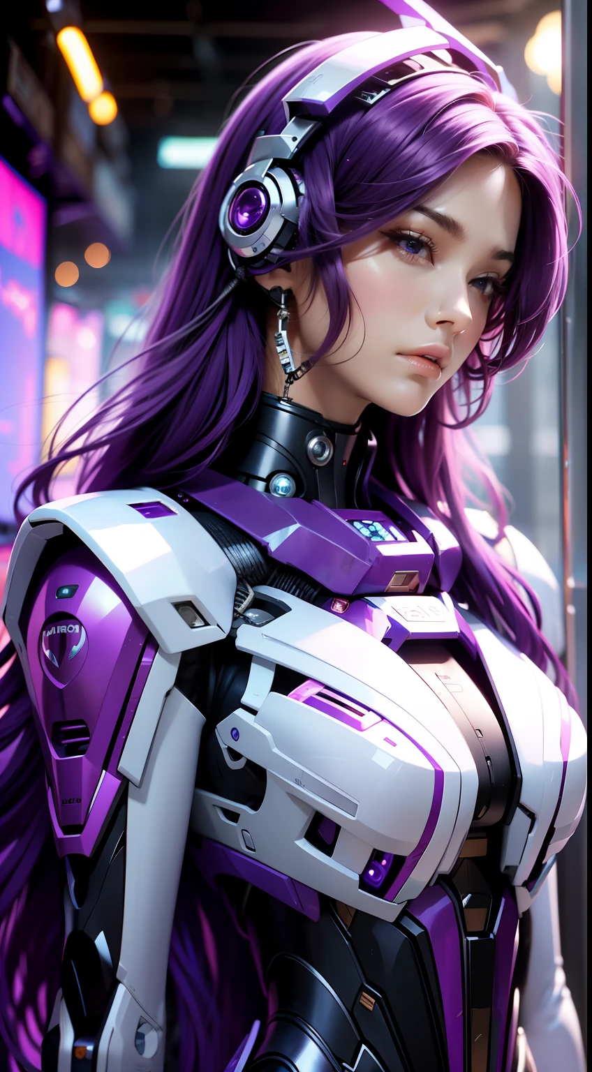 Purple mech female warrior，18-year-old girl，Nice face，HD ratio，The atmosphere of the planet Pandora，Diverse perspectives，Complicated details，Headsets mecha, very very very long hair very silky