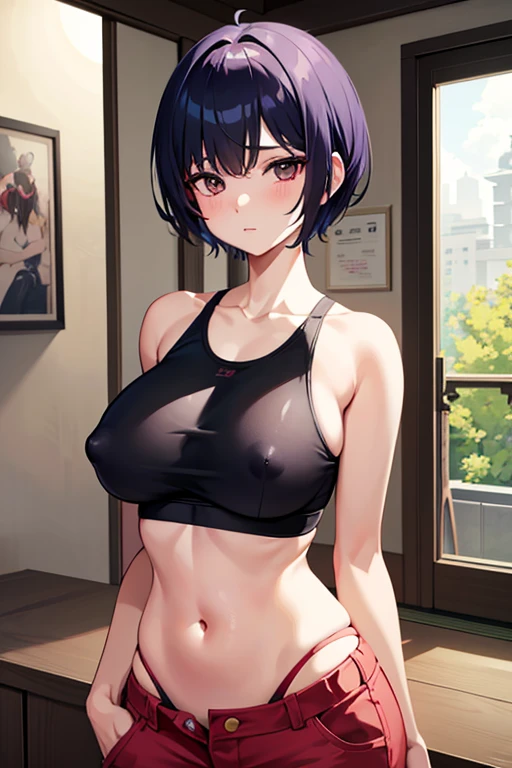 Japanese naive boyish girl with berry short cut Short hair that shows ears and nape Thin Sports Bra very large breasts that hang softly areola is very large nipples are large and pointed, beautiful belly I can see the cracks that have dug in. super low rise pants boyfriend's room