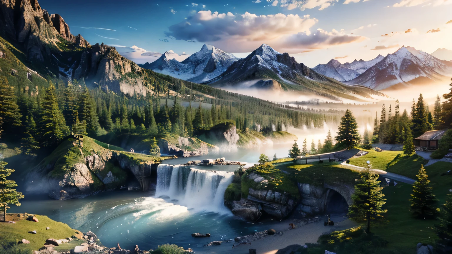 Beautiful mountain landscape at the summer, photorealistic, cinematic, sunlight, waterfall, 4k, high quality