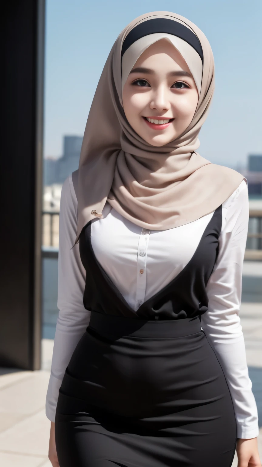 Black hijab collor, ((Best quality, 8k, Masterpiece :1.37)), (wear hijab black girls), girls wear hijab black, (girls wearing hijab black moslem), Position:standing model style, ((taking photos from face to thighs)), beautiful face, face bukkake, 18 years old girls, face laughed, ((lips laughed lightly)), hair black, ultra detailed face, ultra detailed body, slim body, lips smile, Beautiful detailed eyes, eyes korean, detailed nose, Natural Lip,  Wear hijab black moslem, (dress fancy jubba thobbe), view of the blue sky, Slim Body, body Sexy,  realistic face, backround people hijab 