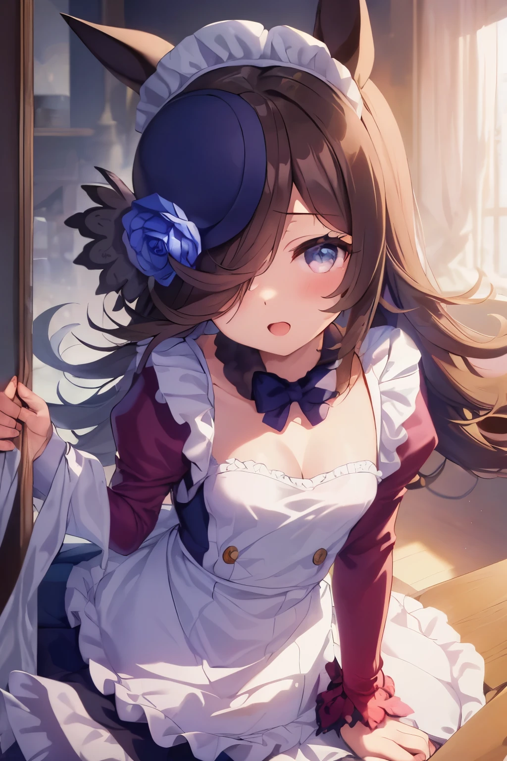 (table top.highest quality).(dynamic angle). (CG painting with very impressive details),(perfect image)、comic strip.figure.small breast girl.detailed face、perfect face.delicate face、和風なMaid clothesを着た貧乳少女、((繊細な和風なMaid clothesを着た胸の小さな女の子))、rough skin、Black hair is long hair、(Umamimi girl)Umamimi girl、((beautiful blue eyes)).delicate and beautiful eyes、detailed eyes、Reflected eyes、smile.(look at the viewer:1.3).(face is a little red:0.8)、8k wallpaper、cowboy shot、reflected light、most detailed、Complex、delicate background、rough skin、fine skin、(super resolution)、(Japanese clothing)、generally、Maid clothes、Maid clothes、bright background、(和風なMaid clothes)