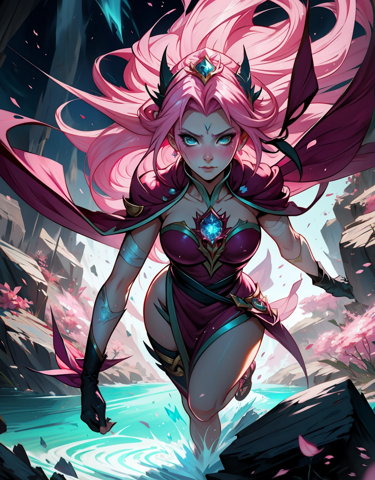 1 mulher, fantasiada de xayah de league of legends, strong emotions, sakura,pink hair, (cabelo curto!!), luz, foco, frozen, como elza de xayah , corpo inteiro, solo, magia ao seu redor. from head to toe, corpo inteiro, strong emotions, corpo todo!!!! penas! Asas, vastaya!!! champion