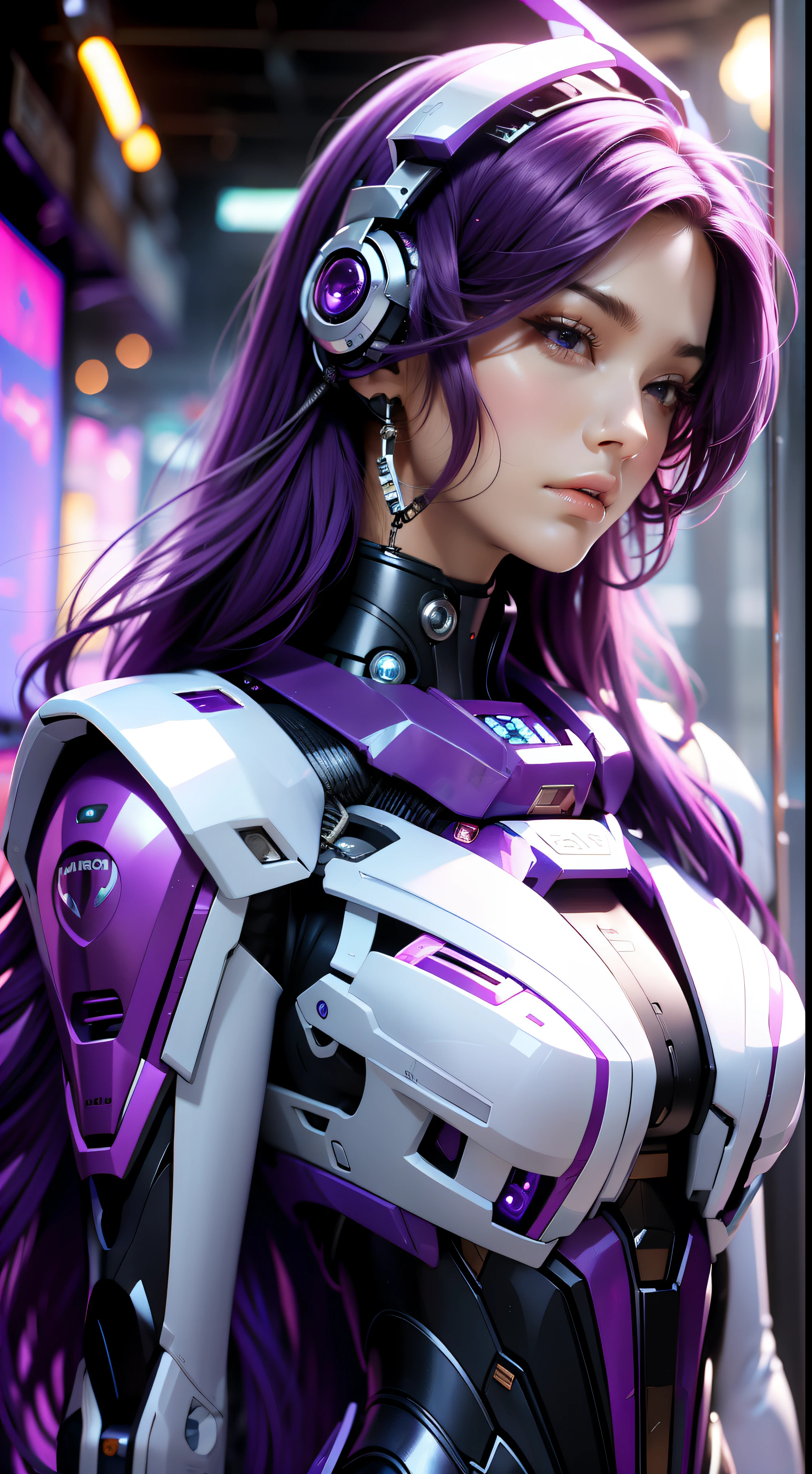 Purple mech female warrior,18-year-old girl,Nice face,HD ratio,The atmosphere of the planet Pandora,Diverse perspectives,Complicated details,Headsets mecha, very very very long hair very silky