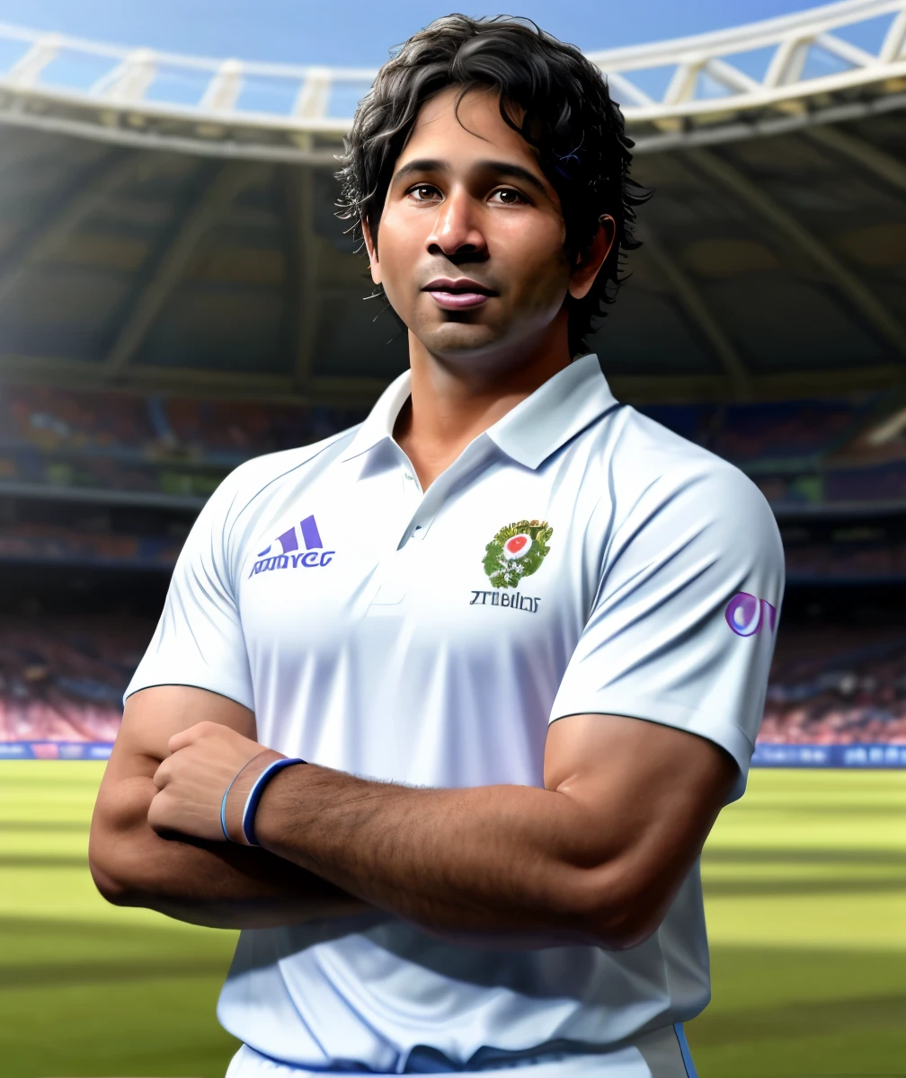 1male, masterpiece, 4k, ultra realistic, cricket player, Eden gardens stadium background, Sachin Tendulkar, portrait, black hair