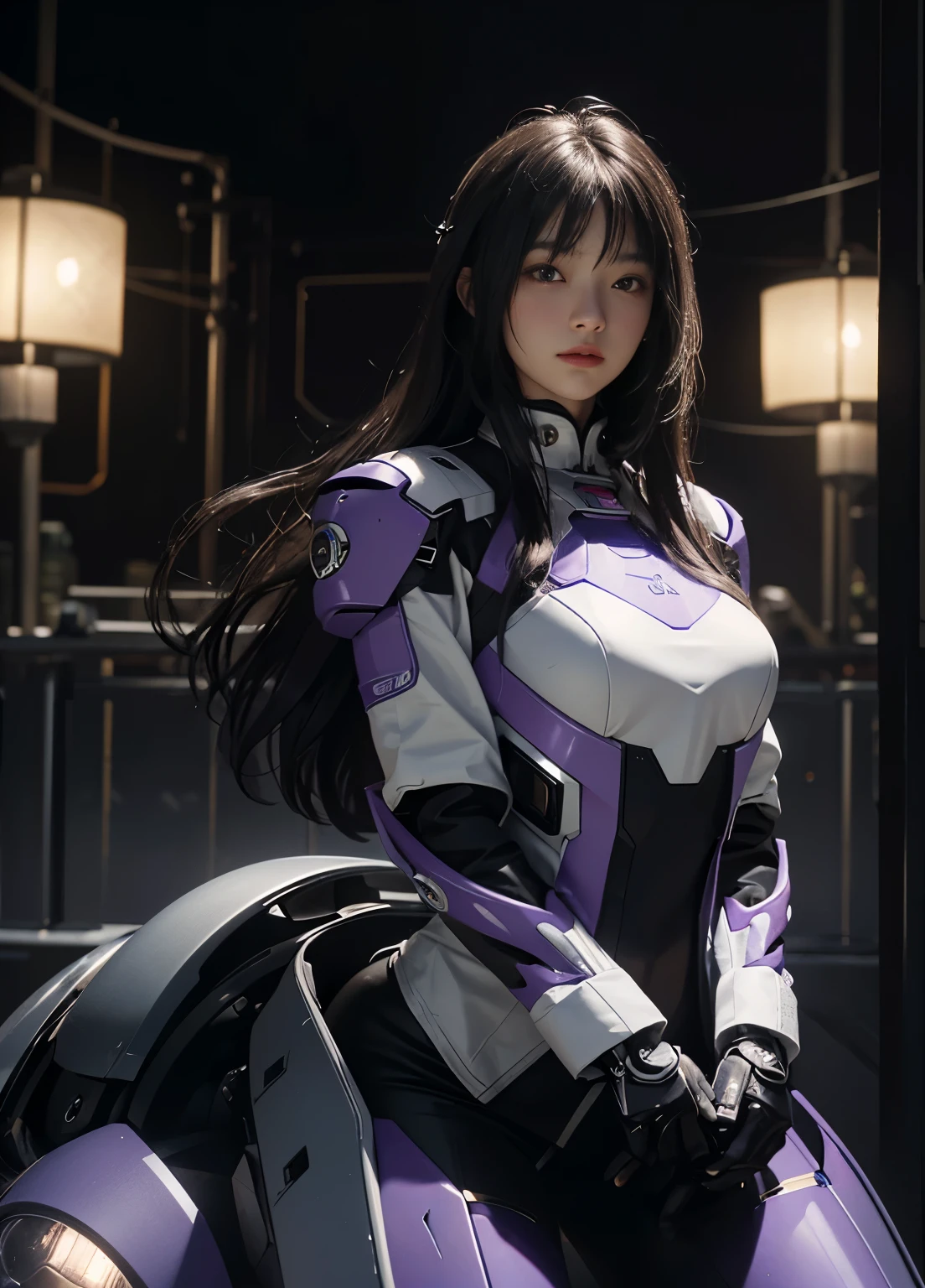 Sit down, Highest image quality, outstanding details, ultra-high resolution, (realism: 1.4), the best illustration, favor details, highly condensed 1girl, with a delicate and beautiful face, dressed in a black and purple mecha, wearing a mecha helmet, holding a directional controller, riding on a drone, the background is a high-tech lighting scene of the future city. surreal illustration, surreal rendering, clean digital rendering, photo realistic rendering, product design concept, surreal illustration, very very very long hair very silky