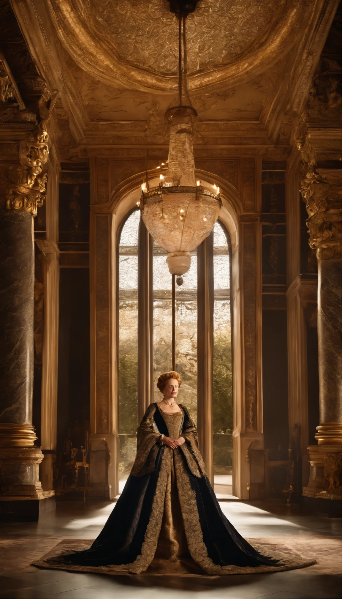 The realistic photo depicts Queen Elizabeth I seated on a regal throne in the grand halls of her royal palace. She is adorned in a magnificent gown, exuding power and authority. Her courtiers and advisors stand around her, and the room is adorned with luxurious tapestries and exquisite furnishings. The queen's confident and stern expression reflects her strong leadership, and the image captures the elegance and grandeur of her reign during the 17th century.