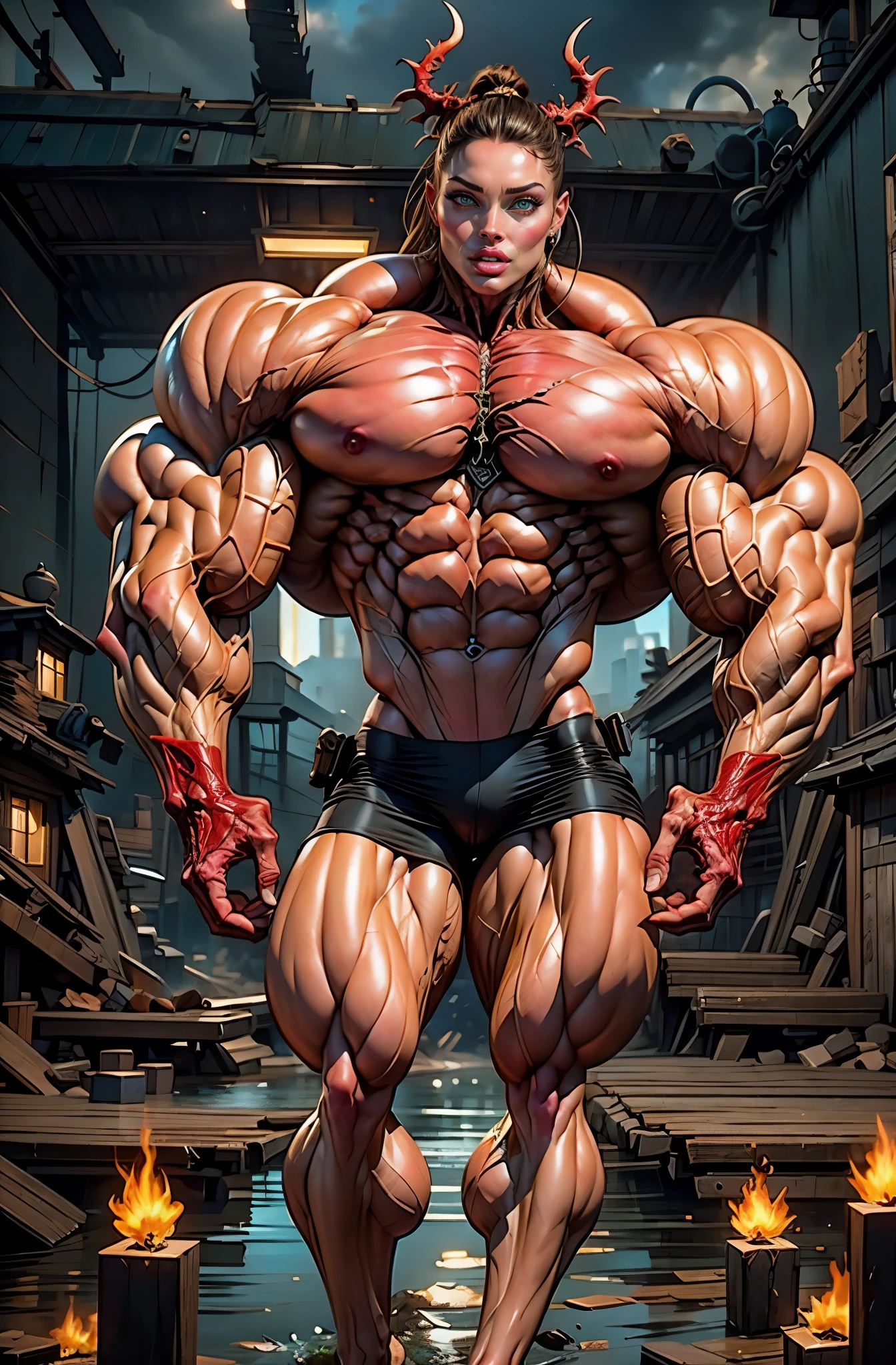 (1 girl), (megan fox:1.25), (beautiful muscular bimbo:1.25), (carnage skinless physique:1.25), (red glowing eyes:1.25), (1 super muscular undead skinless succubus with gigantic horns:1.25), (covered in red necrotic rotting skinless muscle:1.25), (exposed muscular and skeletal anatomy:1.25), (perfect fingers:1.25),(8k, RAW photo, photorealistic:1.25), dark horrific scary atmosphere, hellish landscape, Hellraiser like atmosphere,