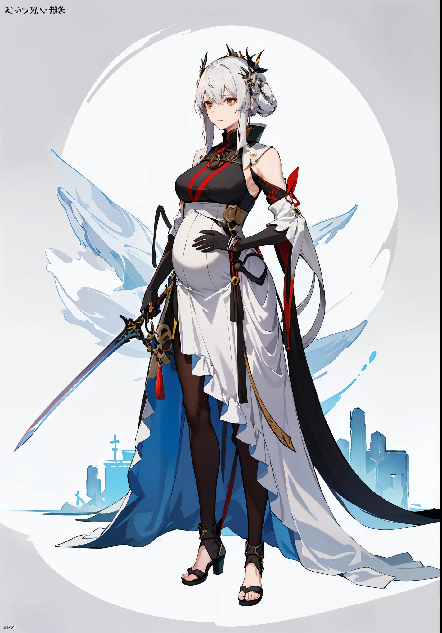 a woman in a dress holding a sword and a sword, video game character, from arknights, fox nobushi holding a naginata, hajime yatate, keqing from genshin impact, white haired deity, with large sword, ayaka genshin impact, female action anime girl, official character art, anime character, pregnant anime girl, fetus