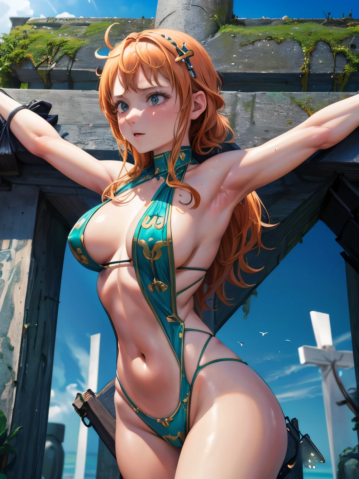 highest quality,masterpiece,UHD, Super detailed, 8K,(Beautiful woman),一人のBeautiful woman,((crucifixion)),cross,(execution),incontinence,scared,torture,slave,((crossにcrucifixionにされた女性:1.5)),Nami