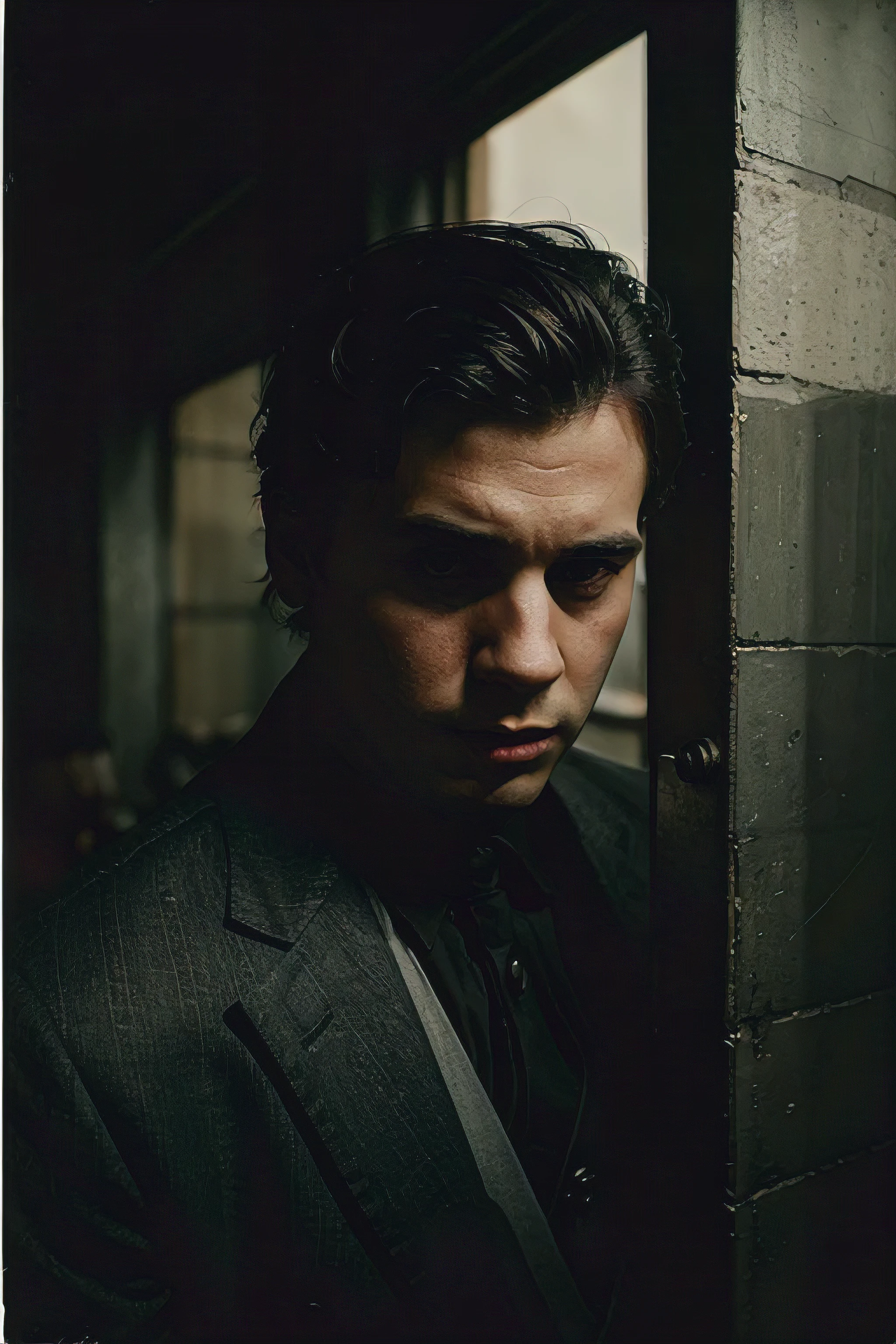 Portrait of a young mafioso in a trap, threadbare, Frowning, Vintage Photo, Cinematic, fear