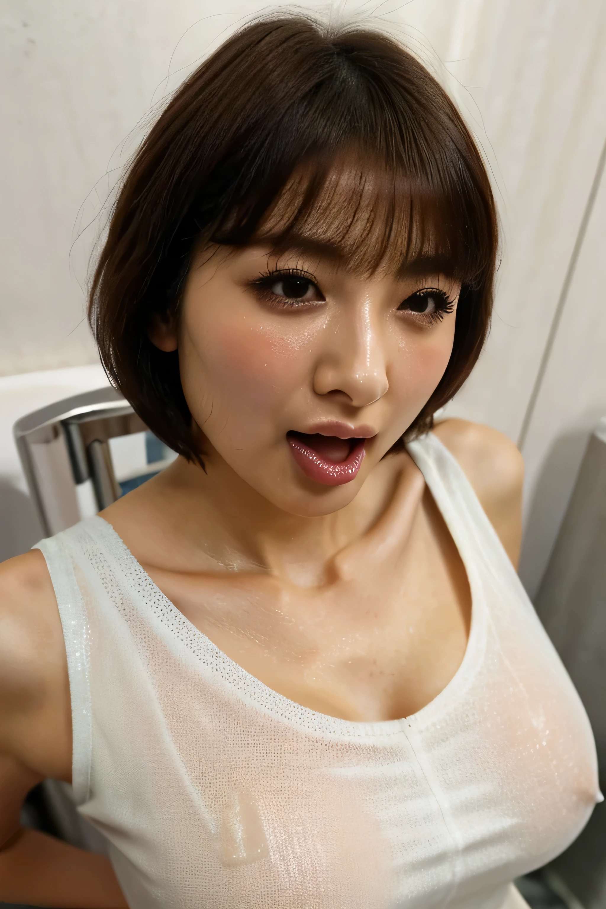 Beautiful Japan actress、1 girl,debris flies,,Award-winning photo, very detailed,face focus, double big eyes(woman with open mouth and closed eyes ), 21 years old、black hair、shiny skin、(((close up of face)))、realistic nostrils、elongated nasal passages,,,、inside the toilet、(On the floor of a public toilet)、squat、((knit dress))、big breasts、(sharp nose)grimacing 表現:1.4,,facial expression,grimacing,Head up、Skin shiny with sweat,oily facial skin,bite your mouth,tied hair,wearing a tank top,Bring your nose closer to the camera,((he'Trying to show white sperm in wide open mouth.))bob cut