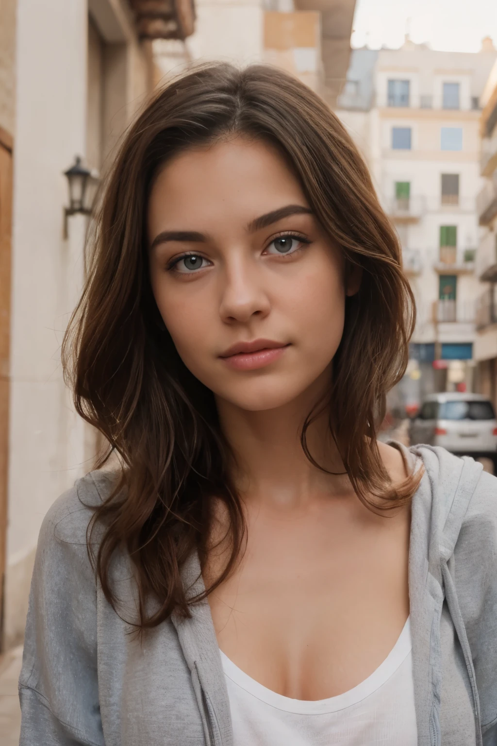 ((best quality)), ((Meisterwerk)), (Detailliert), Perfektes Gesicht,stunning realistic, photorealistic, photorealism, 1 beautiful spain girl,small nose,17 years old,Brown long hair,light curly hair,beautiful grey and blue eyes,light sixpack,oversized hoodie, natural skin