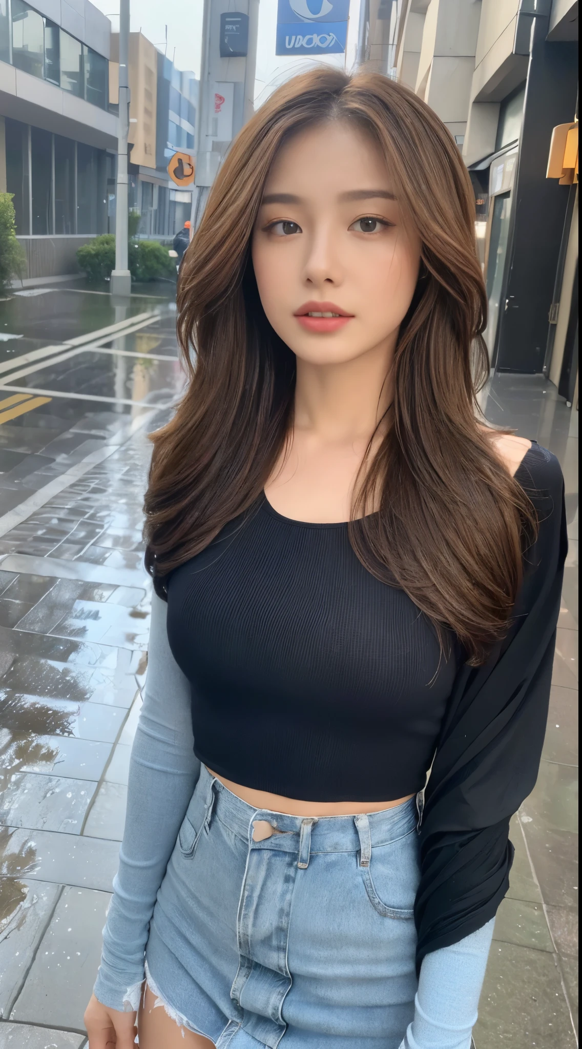 ((best quality, 8k, masterpiece:1.3)), focus: 1.2, perfect body beauty: 1.4, buttocks: 1.2, ((layered hairstyle, : 1.2)), (wet clothes: 1.1) , (rain, street:1.3), tube top dress: 1.1, Highly detailed facial and skin textures, exquisite eyes, double eyelids, skin whitening, long hair
