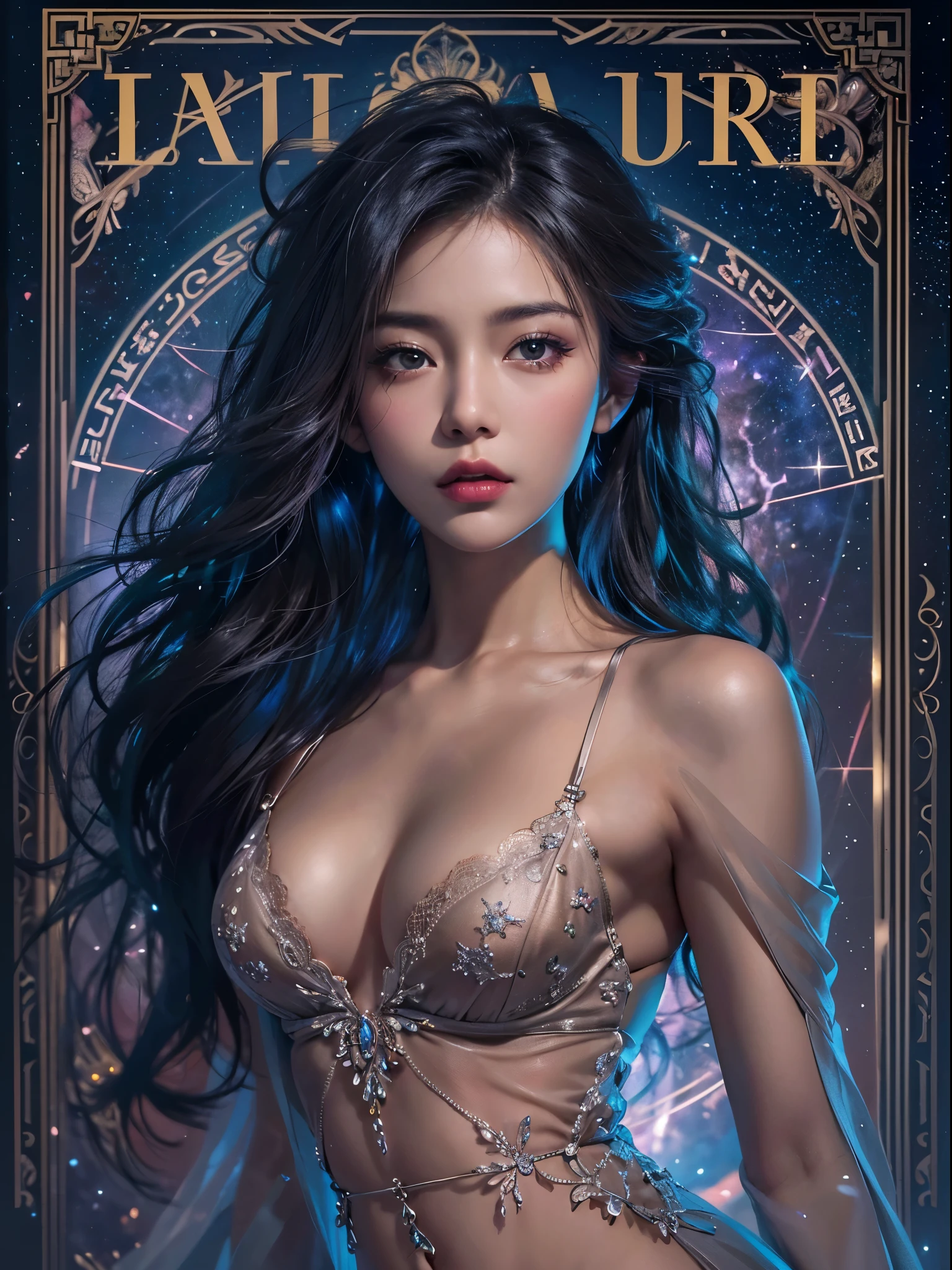 (best quality color photo of a mysterious attractive woman in luxury lingerie on a fashion magazine cover, haute couture fashion shoot:1.2),(An extremely delicate and beautiful work:1.2), elegant pose, glamorous fashion pose, (the divine light, with neon lights, grand background, starry sky background:1.3), simple background, art nouveau, focus on art nouveau suit, luxury fashion,(she is the embodiment of beauty and allure, asian beauty, asian actress), (very delicate lace lingerie, sexy lingerie, elegant and sophisticated fashion, her flowing hair cascades gracefully, perfectly complemented by tasteful and elegant makeup:1.2), black hair, detailed face, looking at viewer, detailed eyes, black eyes, lustrous lips ,cleavage, nipple ,camel toe, skinny physique, beautiful figure, Perfect female body, (large breasts), Gentle and enigmatic expression, High color saturation, surrealism , (best quality, masterpiece, ultra detailed, ultra high res, photorealistic, raw photo, absurdres, absolutely resolution:1.4),