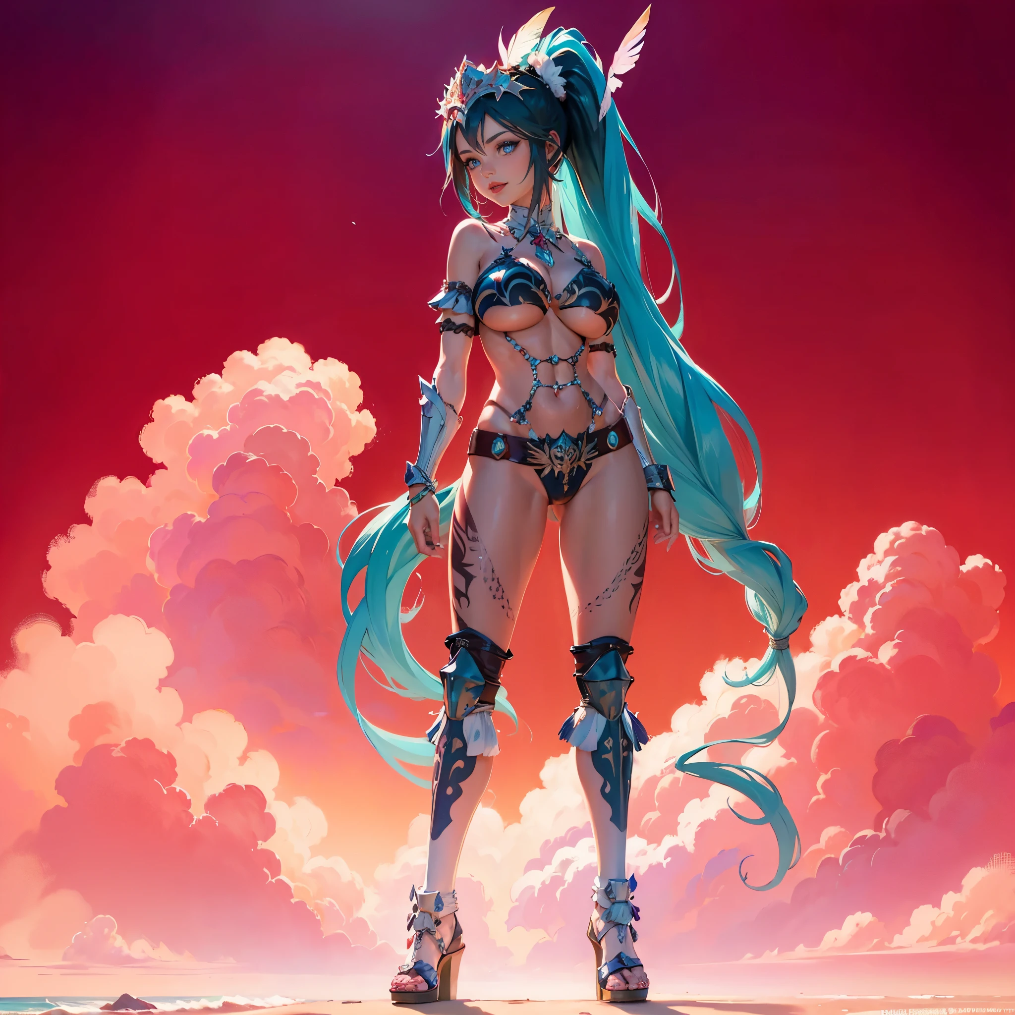masterpiece, best quality, kayna, headdress, feathers, tribal, bikini armor, (huge breasts), vambraces, (cyan hair, ponytails), tattoo, bodypaint, standing, looking at viewer, full body, smile, beach, sky, clouds