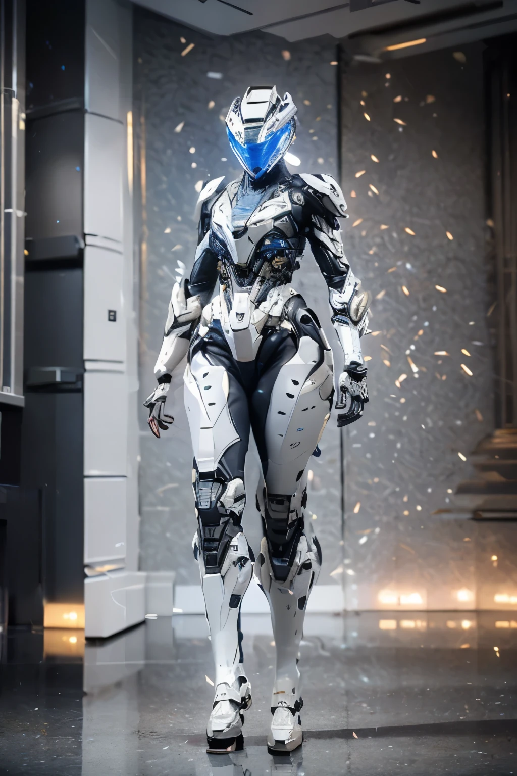 there is a woman in a futuristic suit standing in a room, of a beautiful female warframe, cyberpunk pearl armor, gynoid cyborg body, porcelain cyborg armor, cyber suit, porcelain cyborg, gold sci - fi armour, glossy white armor, gynoid body, cyberpunk robotic elvish queen, warframe armor!!, movie still of a cool cyborg