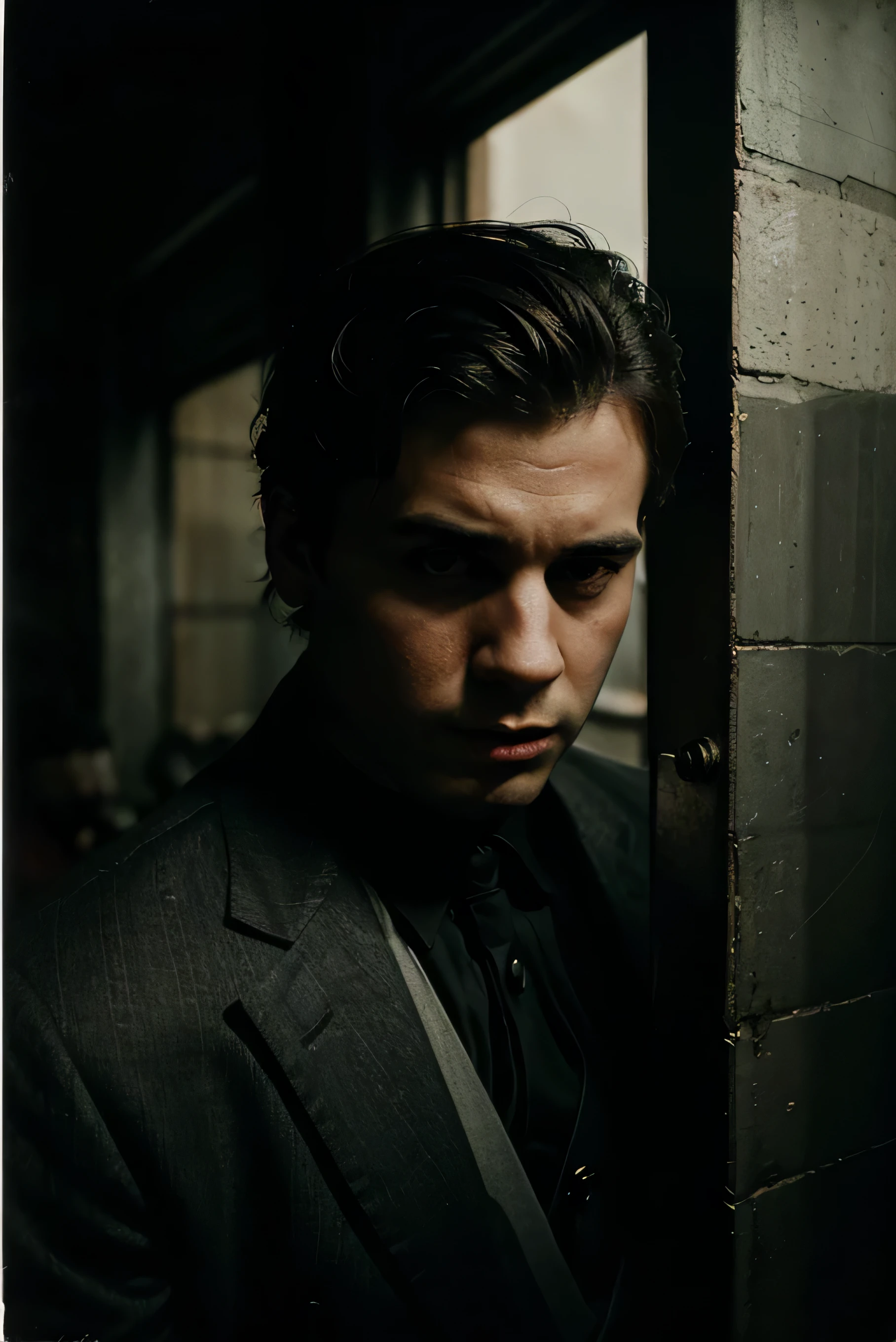 Portrait of a young mafioso in a trap, threadbare, Frowning, Vintage Photo, Cinematic, fear