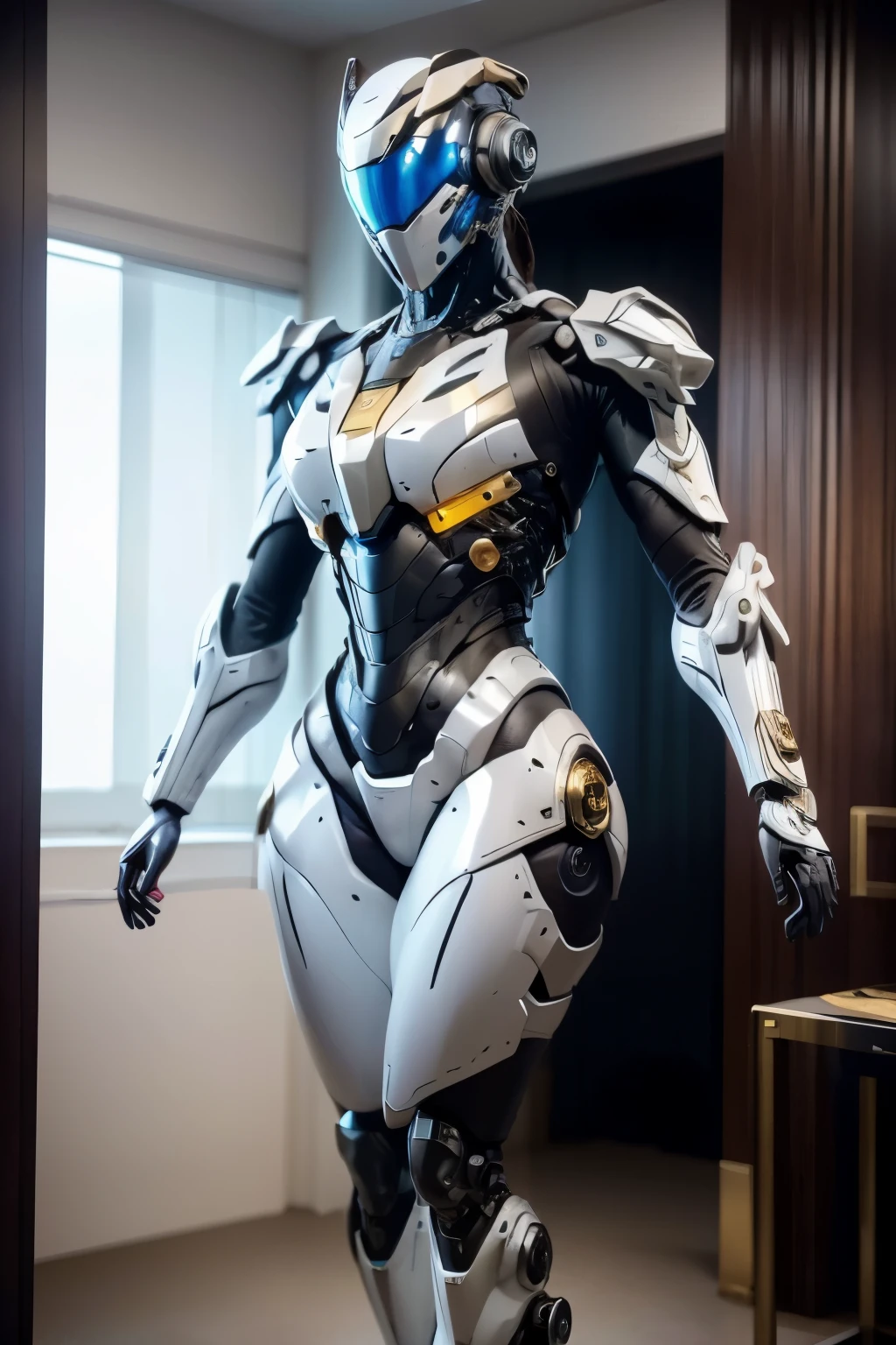 there is a woman in a futuristic suit standing in a room, of a beautiful female warframe, cyberpunk pearl armor, gynoid cyborg body, porcelain cyborg armor, cyber suit, porcelain cyborg, gold sci - fi armour, glossy white armor, gynoid body, cyberpunk robotic elvish queen, warframe armor!!, movie still of a cool cyborg