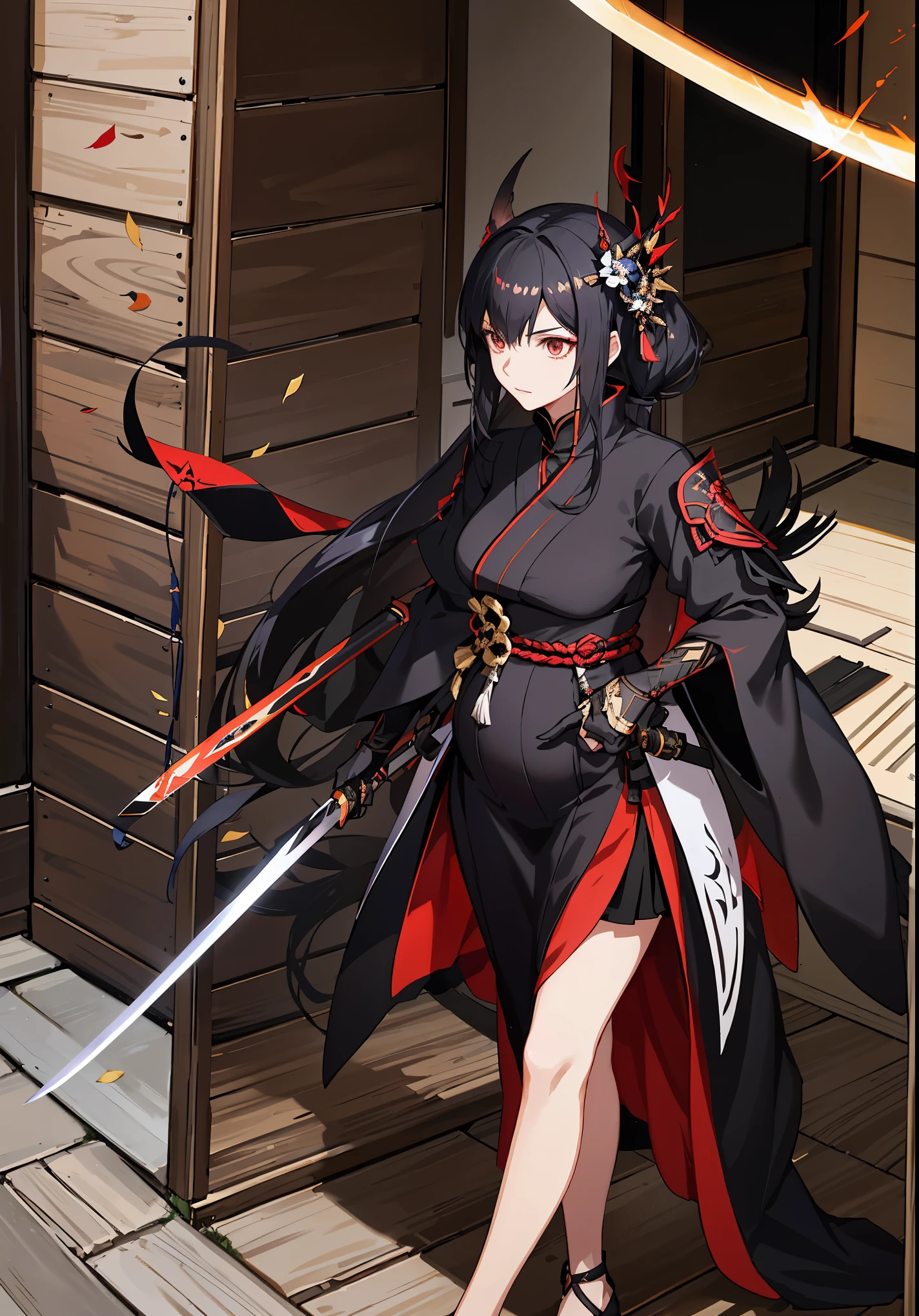 a woman in a dress holding a sword and a sword, video game character, from arknights, fox nobushi holding a naginata, hajime yatate, keqing from genshin impact, black haired deity, with large sword, ayaka genshin impact, female action anime girl, official character art, anime character, pregnant anime girl, fetus