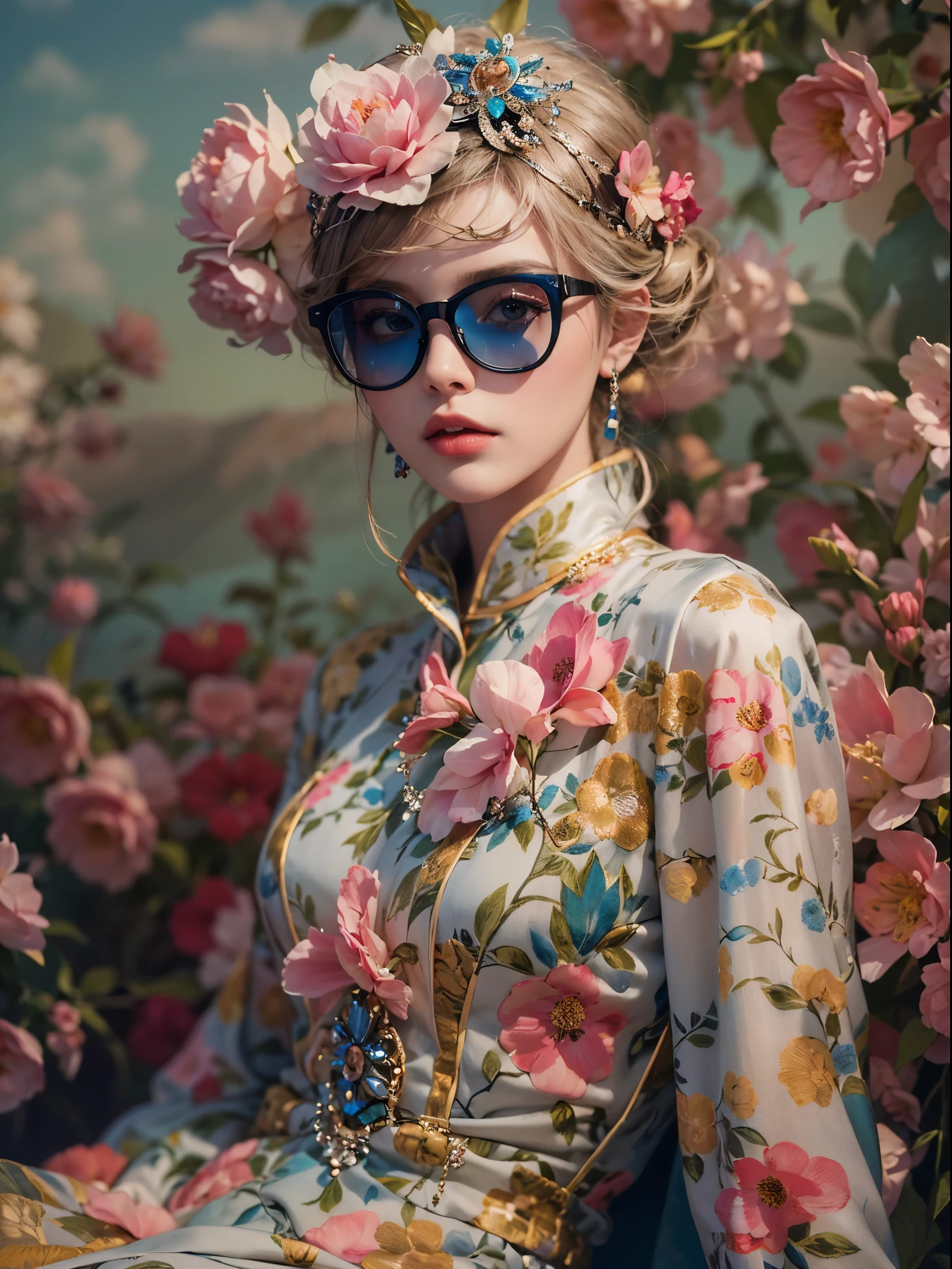 (best quality color photo of a mysterious beautiful woman in floral clothing on a  fashion magazine cover, wearing fashion glasses, haute couture fashion shoot:1.2),(An extremely delicate and beautiful work:1.2), elegant pose, glamorous fashion pose,  art nouveau, focus on art nouveau suit, floral couture, luxury fashion,(she is the embodiment of beauty and allure, her clothes are soft and light texture as air, elegant and sophisticated fashion,) detailed face, looking at viewer, detailed eyes, black eyes, lustrous lips , Gentle and enigmatic expression, High color saturation, surrealism , (best quality, masterpiece, ultra detailed, ultra high res, photorealistic, raw photo, absurdres, absolutely resolution:1.4),brake, the divine light, with neon lights, grand background, starryskybackground, simple background,