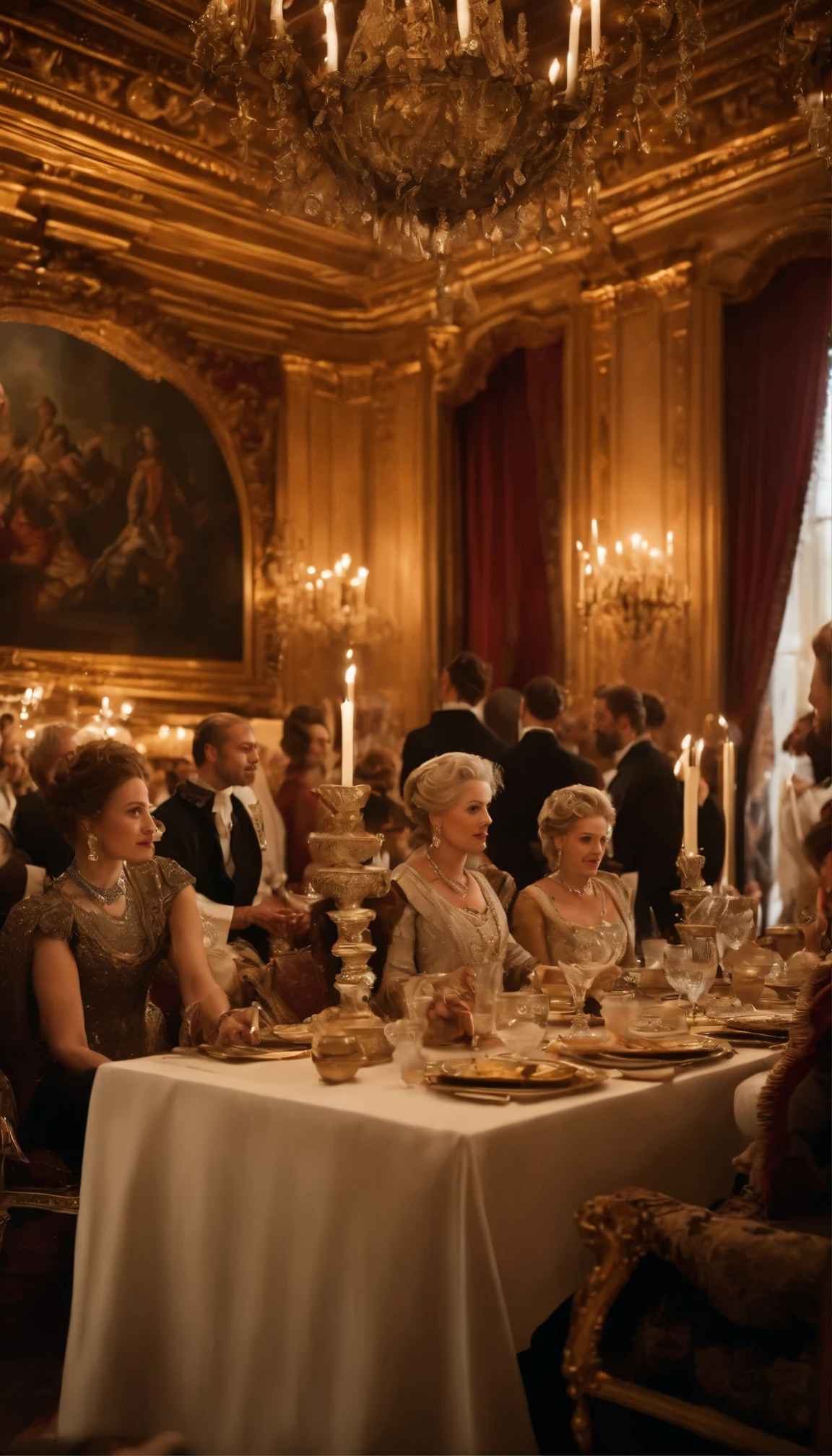 The photo depicts a lavish banquet hall with richly dressed nobles and aristocrats mingling and engaging in conversation. The attendees are adorned in opulent attire, with intricate embroidery, luxurious fabrics, and elaborate jewelry. The room is adorned with ornate tapestries, grand chandeliers, and fine art, showcasing the wealth and luxury of the era. The gathering exudes an air of sophistication and opulence, as the elite socialize and enjoy the finest food and drink available during the Elizabethan period.