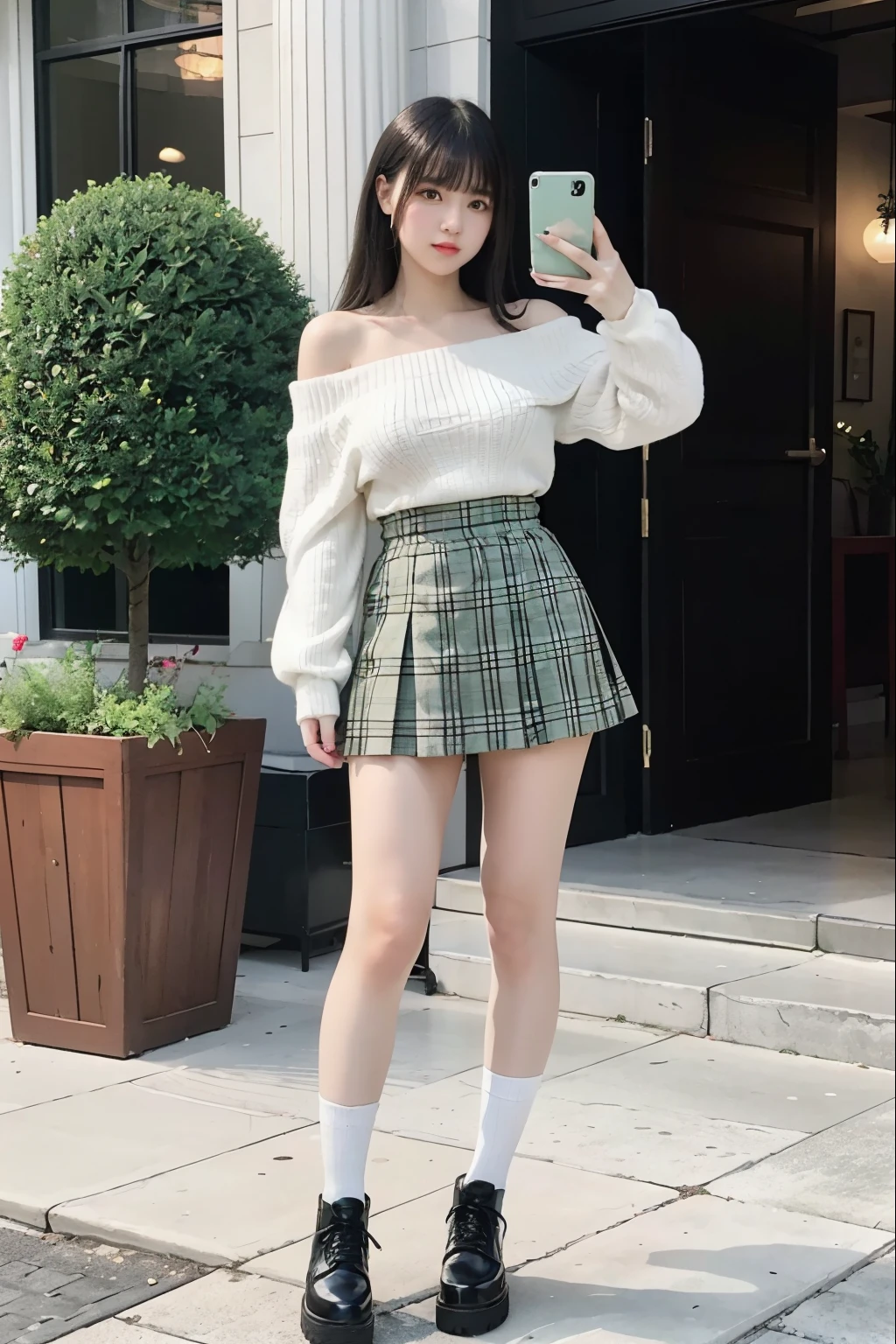 full body shot、highest quality、Super high resolution、(Photoreal:1.5)、1 girl、White off-shoulder knit、Khaki and green tartan miniskirt、black knee high socks、black platform leather shoes、long hair:1.2、With bangs、black hair、big breasts:1.2、university courtyard、Taking a selfie with a smartphone in his right hand