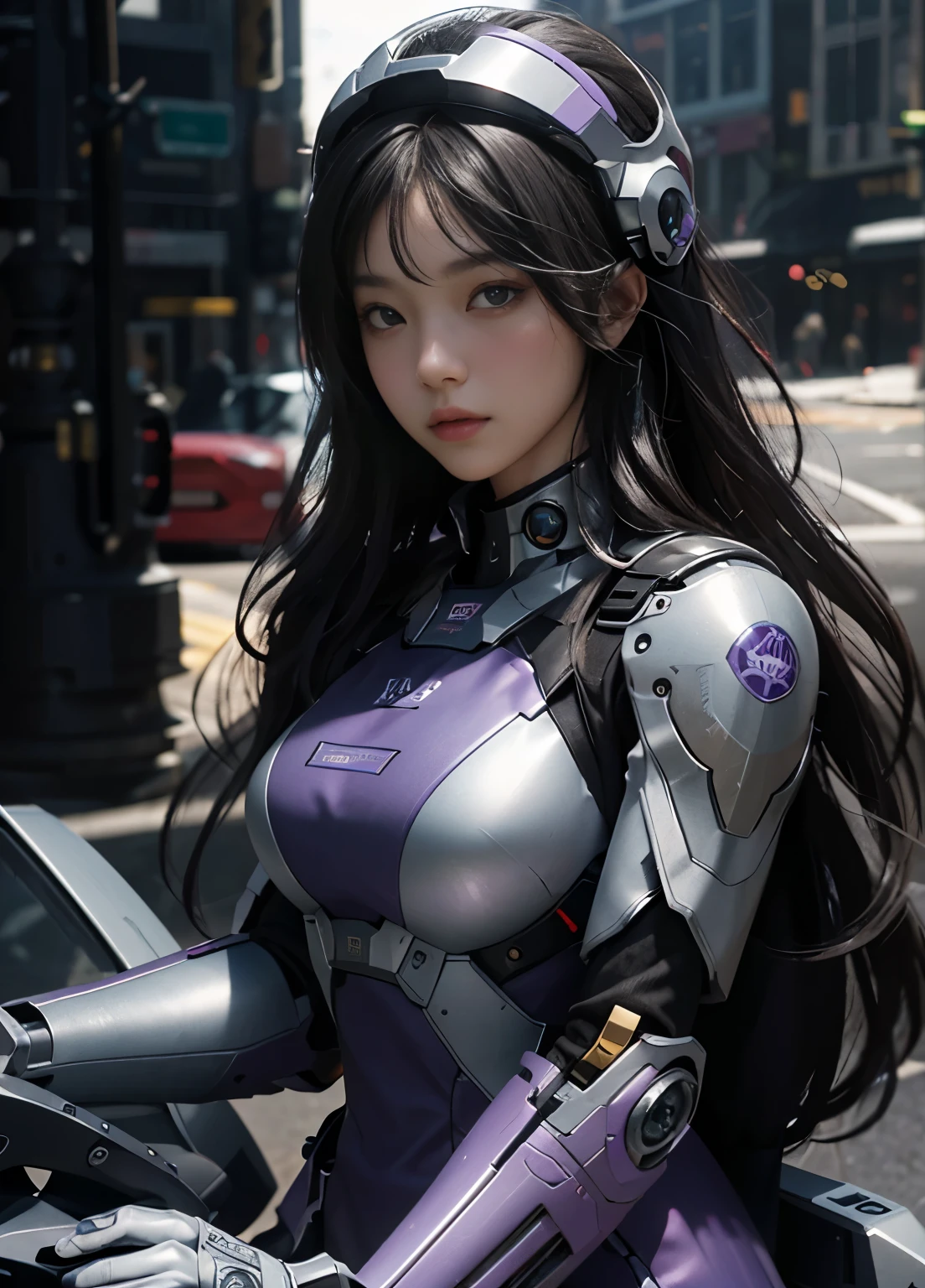Highest image quality, outstanding details, ultra-high resolution, (realism: 1.4), the best illustration, favor details, highly condensed 1girl, with a delicate and beautiful face, dressed in a black and purple mecha, wearing a mecha helmet, holding a directional controller, riding on a drone, the background is a high-tech lighting scene of the future city. surreal illustration, surreal rendering, clean digital rendering, photo realistic rendering, product design concept, surreal illustration