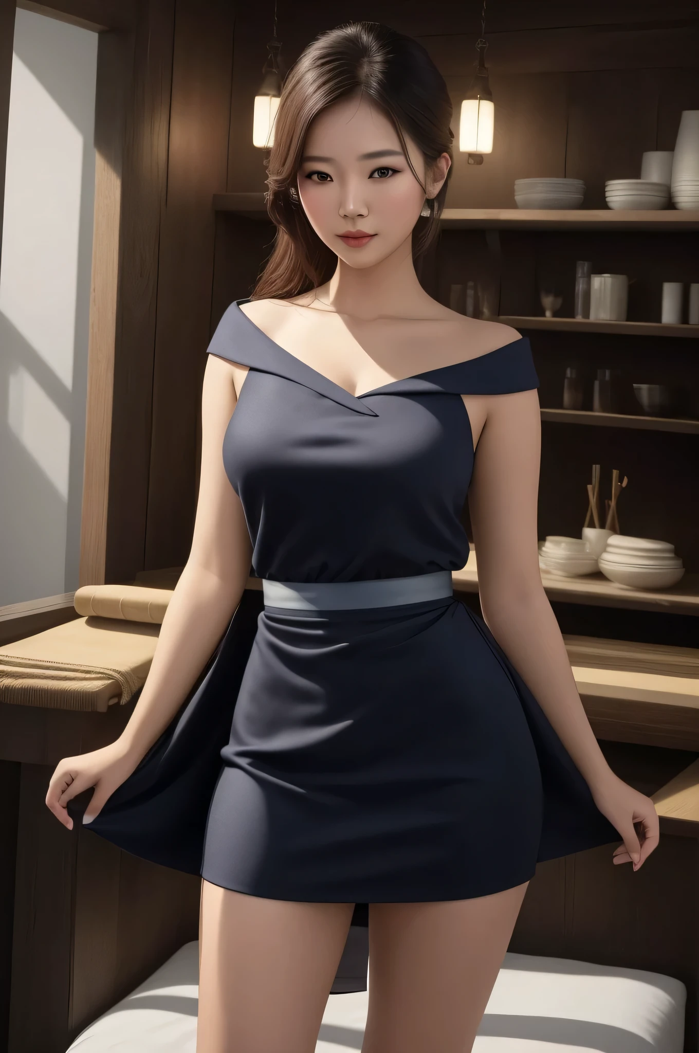 ((Best quality, 8k, Masterpiece :1.3)), Beautiful face, (photo realistic:1.4), soft lighting, (high detailed skin:1.3), 8k uhd, dslr, high quality, high resolution, 4k, 8k, absurdres, best ratio four finger and one thumb, (realistic:1.4), ((realistic medium breasts :1.3)), Highly detailed face and skin texture, Detailed eyes, Double eyelid, full body view, 1 asian woman, off shoulder kimono outfit