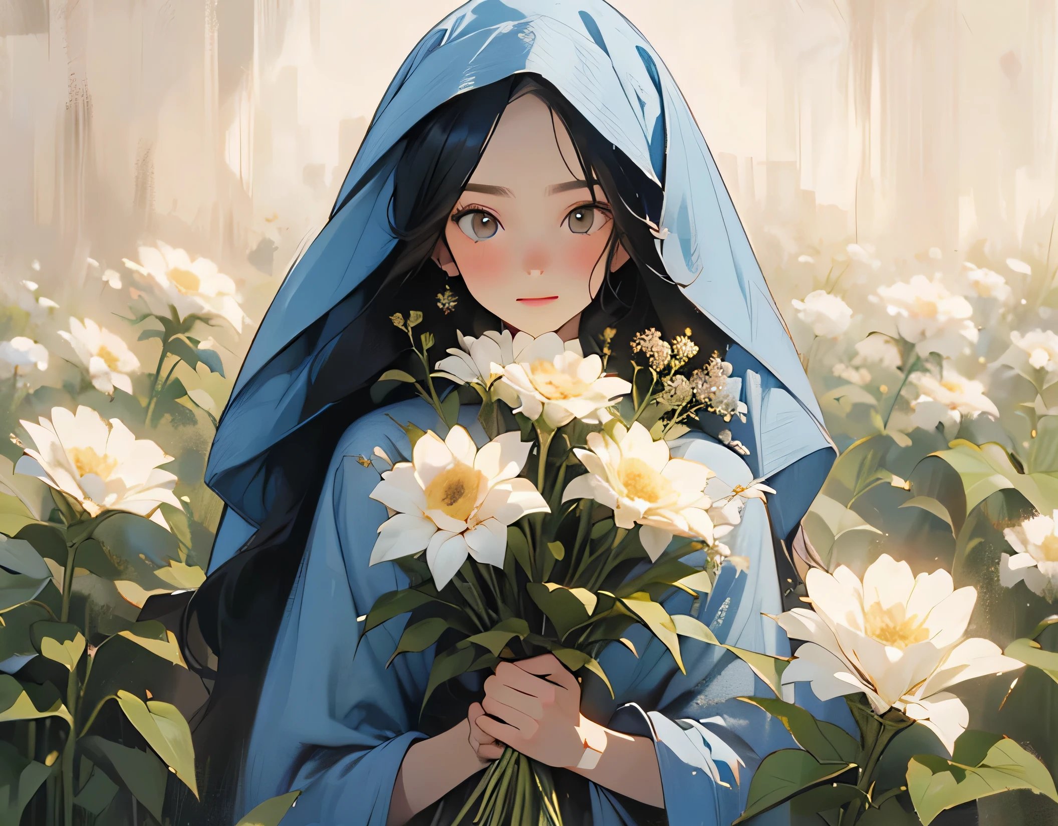 ((Best Quality, 8K, Masterpiece: 1.3)), best quality, ultra high res, arafed woman in a hijab holding a flower in a field of flowers, with flowers, holding a flower, in garden, full protrait, inspired by Naza, protrait, standing in flower field, flowers in background, faridah malik, a picture, student, potrait, old picture, standing in a flower field, close up potrait, picture