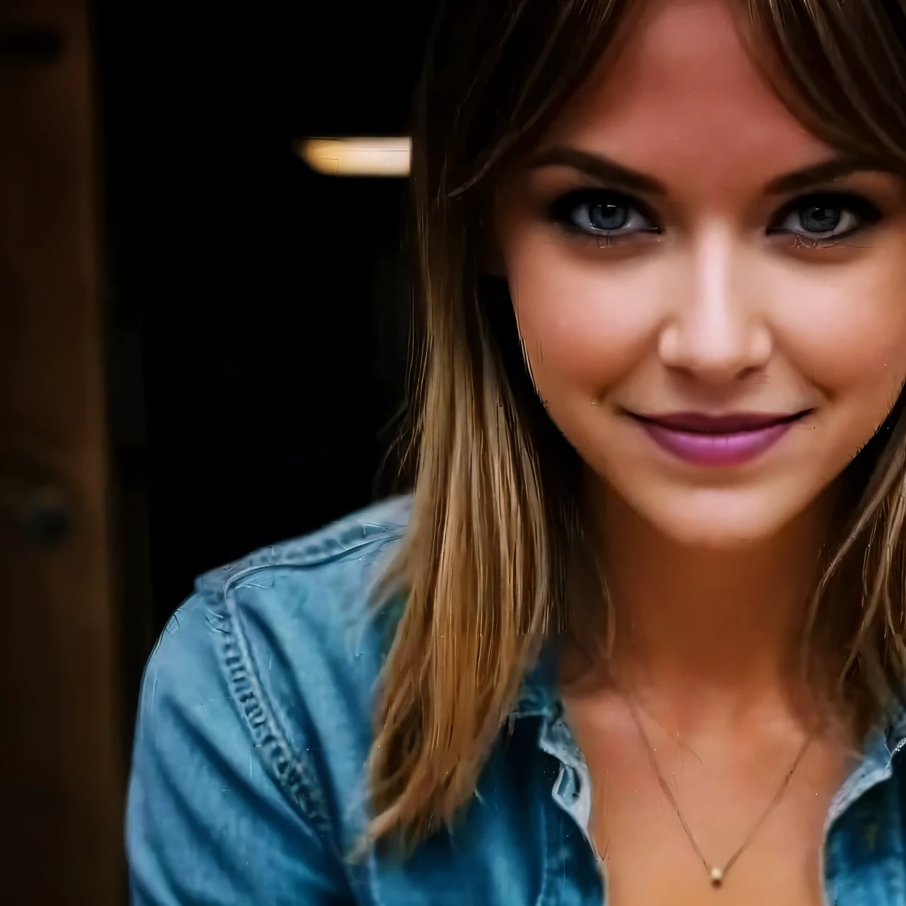 a close up of a woman with a denim shirt on, cute seductive smile, cleavage, attractive girl, chilled out smirk on face, cute young woman, sultry smirk, seductive smile, jaw dropping beauty, a cute young woman, seductive smirk, friendly seductive smile, with a seductive smile, smiling seductively, seductively looking in front, beautiful and smiling