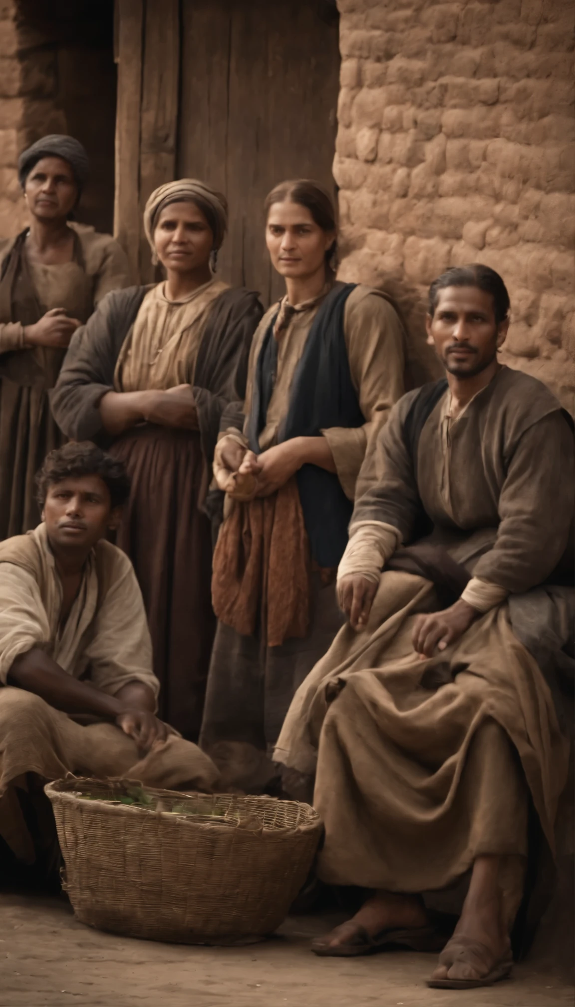 The photo depicts a group of commoners and working-class individuals gathered in a market square or a village setting. The people are dressed in simple, practical clothing, reflecting their humble means. They may be engaged in activities such as trading goods, tending to livestock, or socializing with one another. The surroundings are modest, with basic dwellings and rudimentary structures, indicating the simple lifestyle of the lower classes during the Elizabethan era. Despite their hardships, the gathering exudes a sense of community and resilience, as the poor population comes together to support one another in their daily lives.