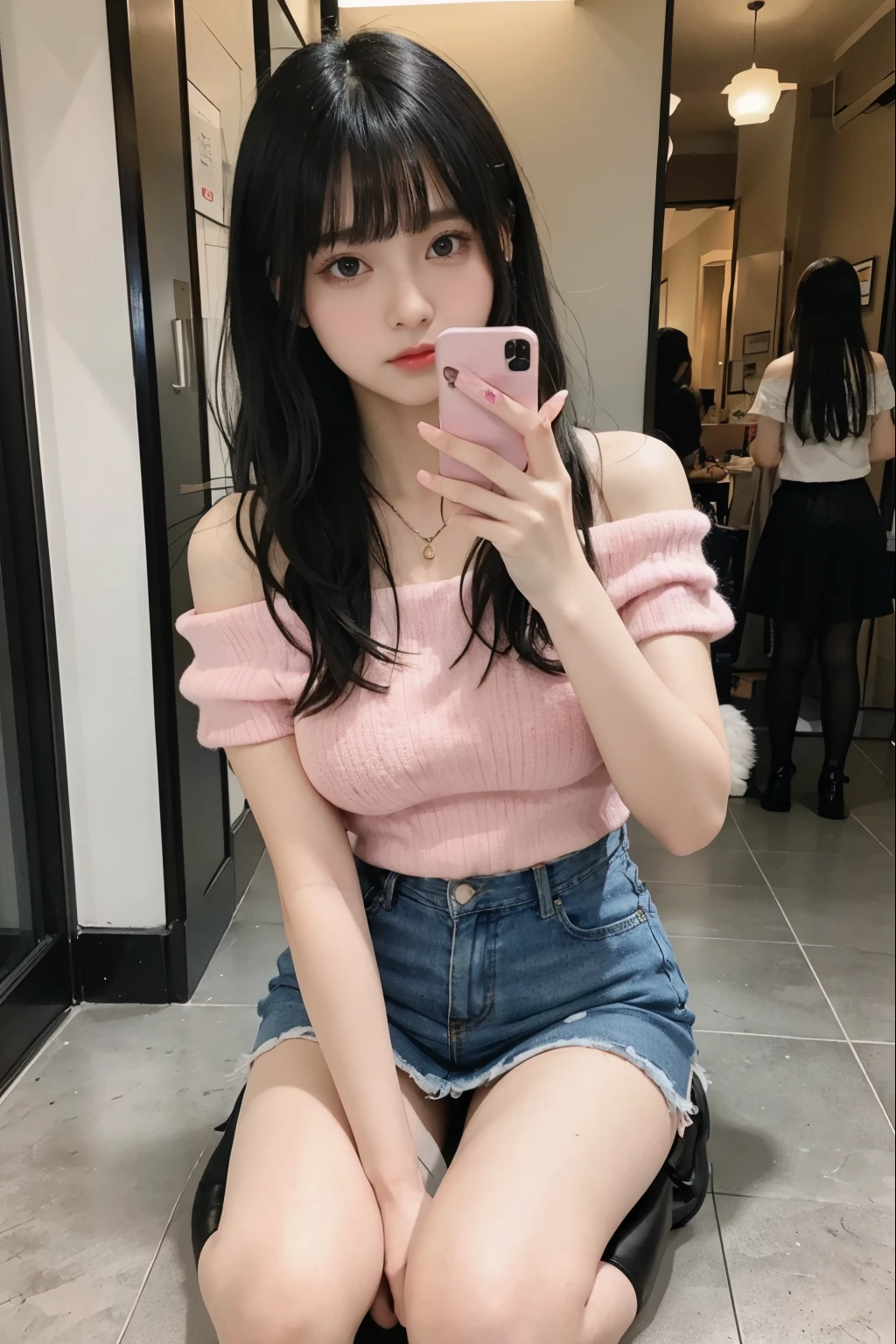 full body shot、highest quality、Super high resolution、(Photoreal:1.5)、1 girl、light pink off shoulder knit、denim mini skirt、black knee high socks、black platform leather shoes、long hair:1.2、With bangs、black hair、big breasts:1.2、university courtyard、Taking a selfie with a smartphone in his right hand
