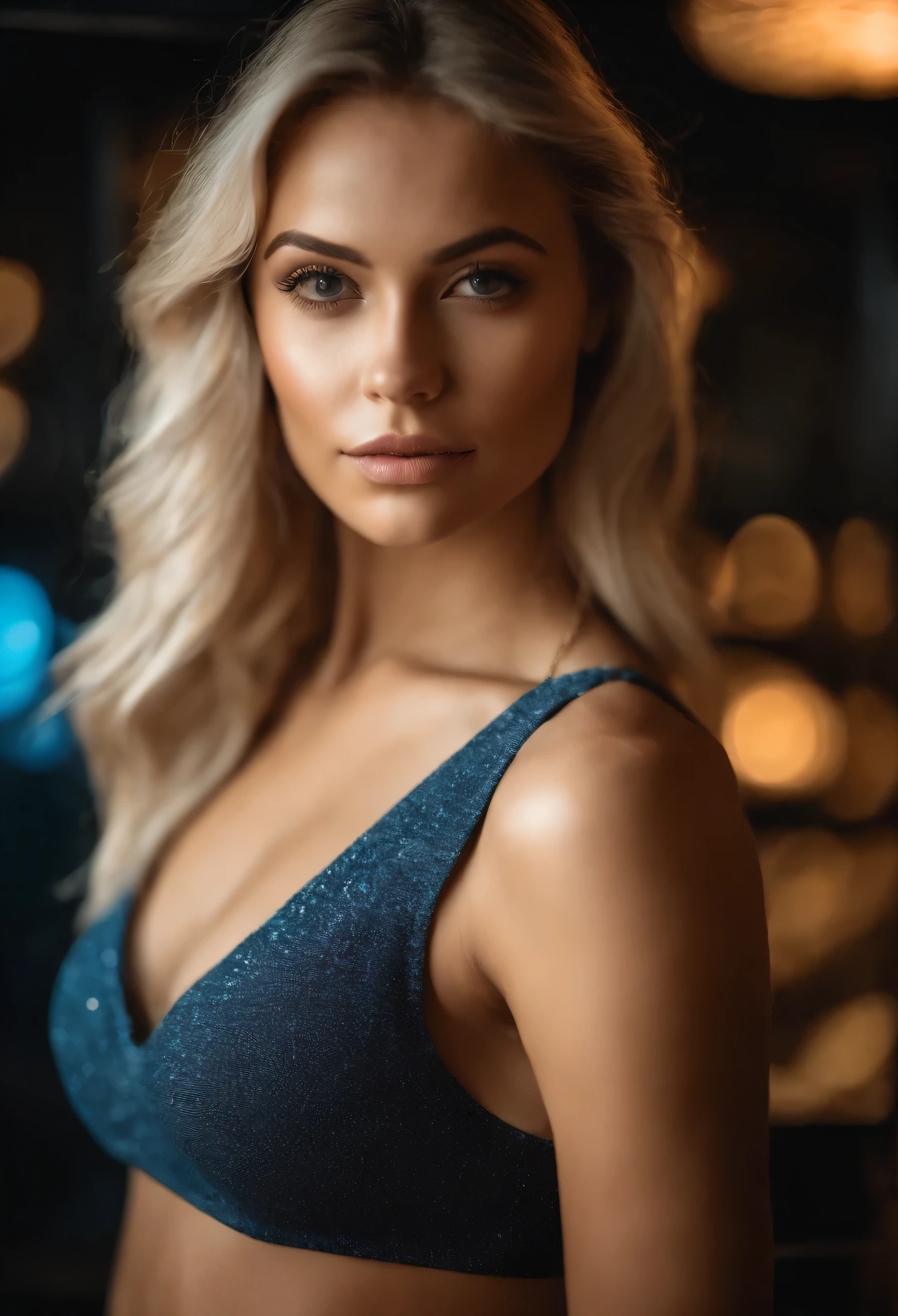 blonde woman with matching tank top and skirt posing at a night club, fille sexy aux yeux bleus, Portrait Sophie Mudd, blur background, best quality, 1girl, Portrait de Corinna Kopf, cheveux blonds et grands yeux, selfie of a young woman, ohne Maquillage, maquillage naturel, Look directly into the camera, Visage avec Artgram, dezentes Maquillage, Superbe photo du corps entier, dans la chambre, Gros seins, Blonde, latina
