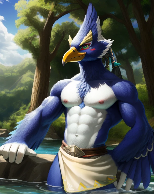 zelda breath of the wild,Revali,male,Birdman,featheredwings,arm bird wings,aldult,泡spa,play with water,alone,4K,best quality,whole body,looking at the audience,slim body,hairy body,bird tail,Upper body exposed,bared  chest,Hairy chest, Pink nipples,Six-pack abs, biceps, anatomically correct,Delicate fur,pride,soft shadow,majestic,Detailed face,High quality eyes,Green eyes,black pupils,Sharp eyes,Grandiose,Valiantary,towel,towel纏腰,Smile confidently,Strong,mature,Blue sky and white clouds,The sun shines,forest,spa,river