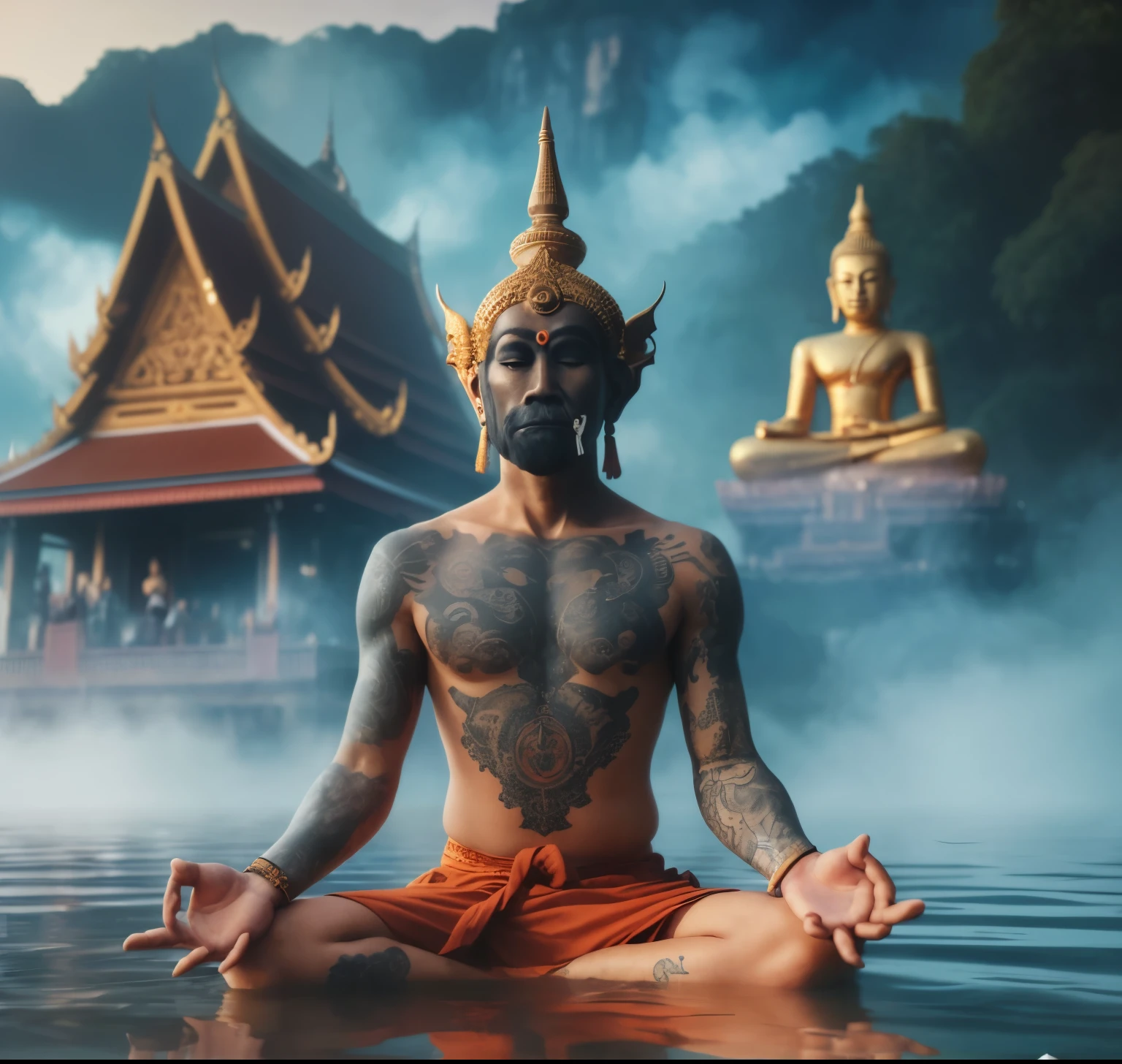 There was a tattooed man sitting in the water with the face of an ape., Meditation Zen Cyberpunk, Broad shoulders, Float in a powerful Zen state., Hindu Aesthetics, Hindu Meditation Steps, Buddhism, Thai art, Thiti Luatthong, ancient temple scene, Meditate, พระภิกษุMeditate, Portrait, Taken in 2 0 2 0