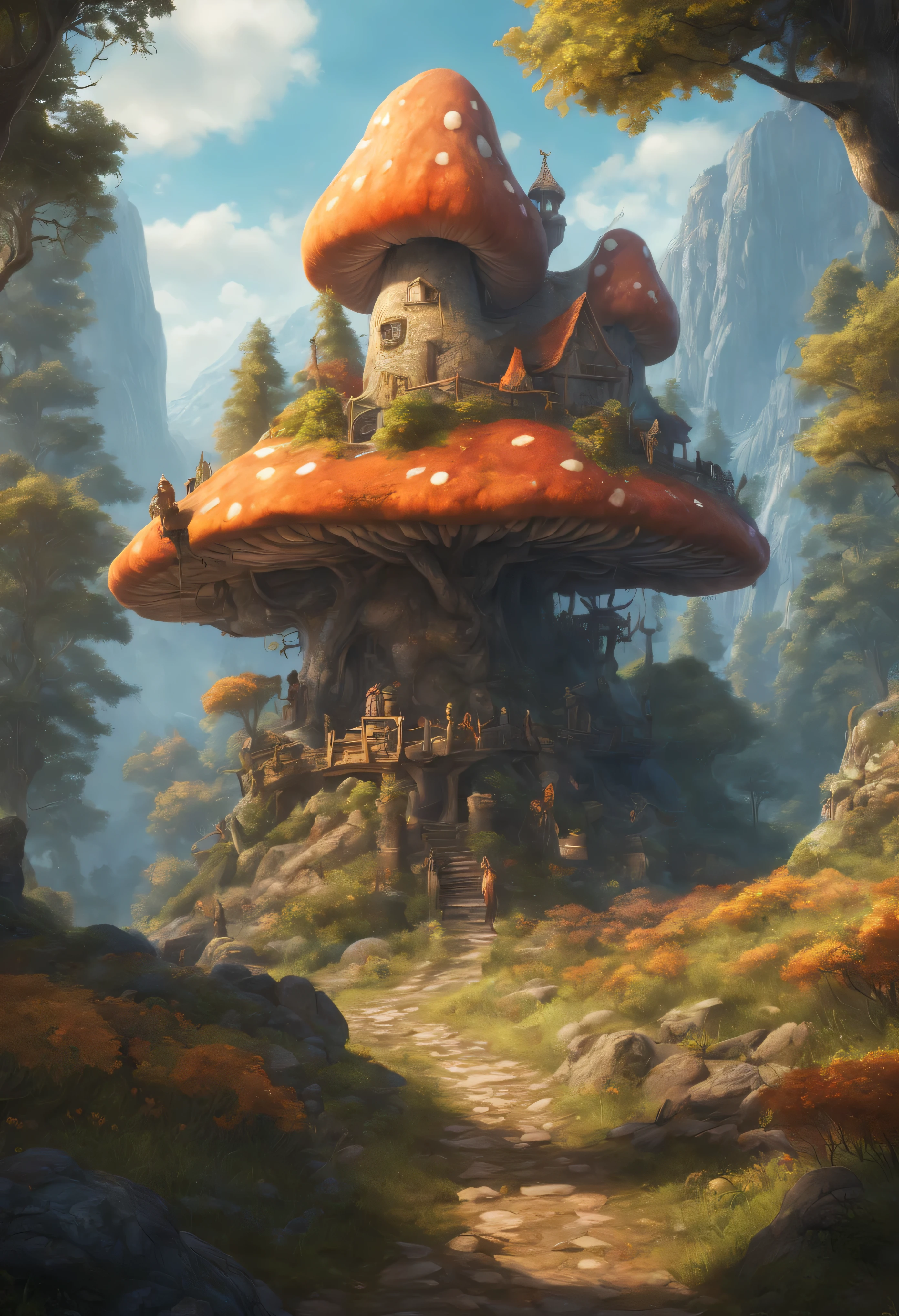 Montrez un paysage panoramique et pittoresque avec la dernière auberge à vue de loin, entouré d'une forêt de champignons géants, with couleurs vives and soft lighting (esthétique:1.2,haute résolution,HDR),traits du visage réalistes,Expressions émotionnelles,monde fantastique,Paysages élaborés,forêts enchantées,Montagnes majestueuses,Batailles épiques,Donjons dangereux,créatures magiques,armure détaillée, guerriers,Éclairage dramatique,couleurs vives,quêtes héroïques,quête de trésor,lutte contre le mal,camaraderie de compagnons,voyage pour sauver le monde,des défis inattendus,Des rencontres palpitantes,composition avec profondeur,textures riches,attention au détail,expérience immersive,sens élevé de l'aventure.