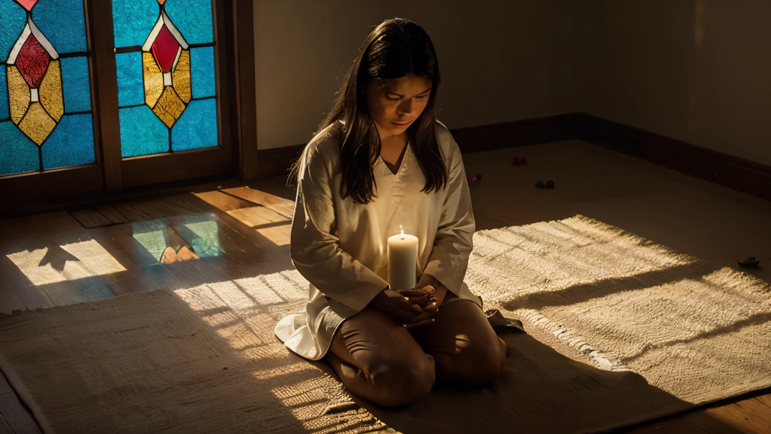 Depict a high definition image of a believer in prayer. The scene is softly lit by a golden light radiating from a nearby lit candle.. The believer is kneeling, with hands clasped and eyes closed in devotion. Your facial expression conveys serenity and inner peace. Ao fundo, um ambiente tranquilo de uma capela, with colorful stained glass windows casting delicate shadows on the floor. The believer is dressed in simple clothes and his gestures are marked by a deep spiritual connection. Details such as the creases in clothing and the nuances of light and shadow are clearly visible, creating an atmosphere of reverence and contemplation."





