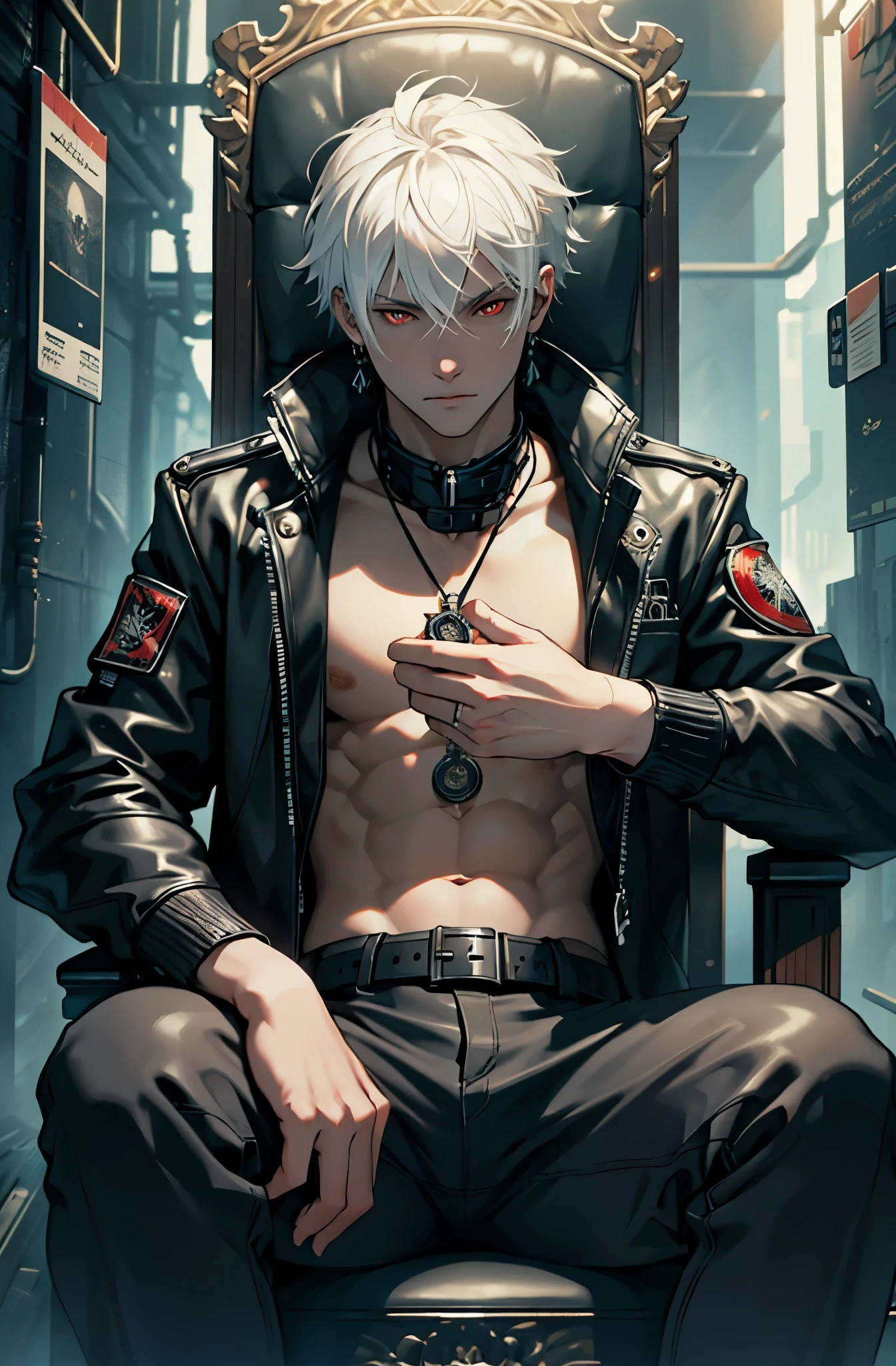 Ultra-detailed,high resolution,Ultra-detailed,Best quality,amazing,quality,intricate details,Extremely detailed CG unified 8k wallpaper,tarot cards,white hair,Draw a male character,wearing the black leather jacket,cyberpunk characters,red eyes,Possess the ability to control fire,24 year old male character,sitting on an royal throne,Detailed facial,Upper body close-up