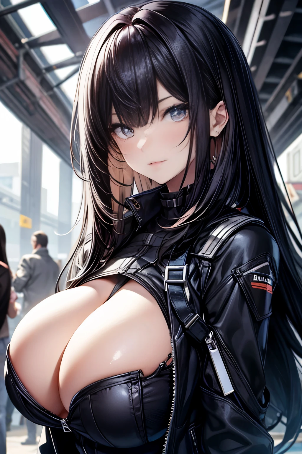 With background,Black-haired beautiful girl with big breasts,