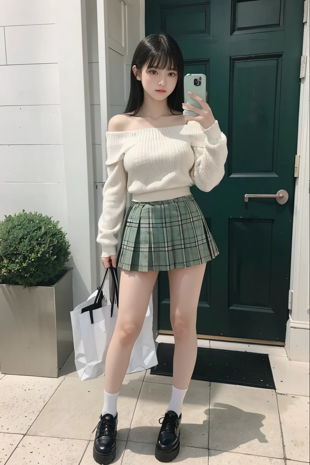 full body shot、highest quality、Super high resolution、(Photoreal:1.5)、1 girl、White off-shoulder knit、Khaki and green tartan miniskirt、White Short Socks、black platform leather shoes、long hair:1.2、With bangs、black hair、big breasts:1.2、university courtyard、Taking a selfie with a smartphone in his right hand