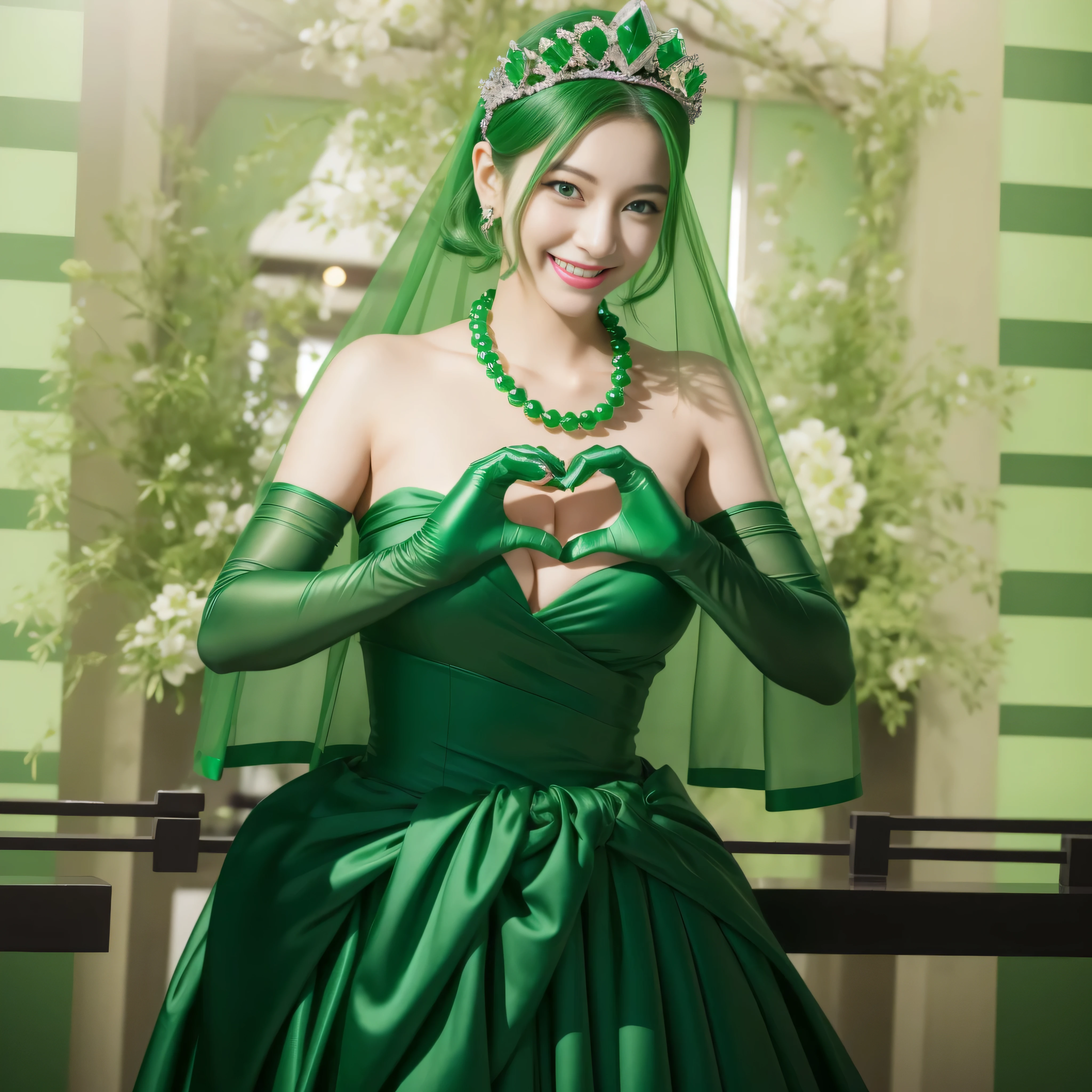 emerald tiara, green pearl necklace, ボーイッシュな非常に短いgreen hair, lipstick, smiling Japanese woman, very short hair,  Beauty with large breasts, green eyes, Long Green Satin Gloves, green eyes, emerald earrings, green veil, heart with both hands, green hair, beautiful japanese woman, heart shaped hand:1.3, green lip gloss