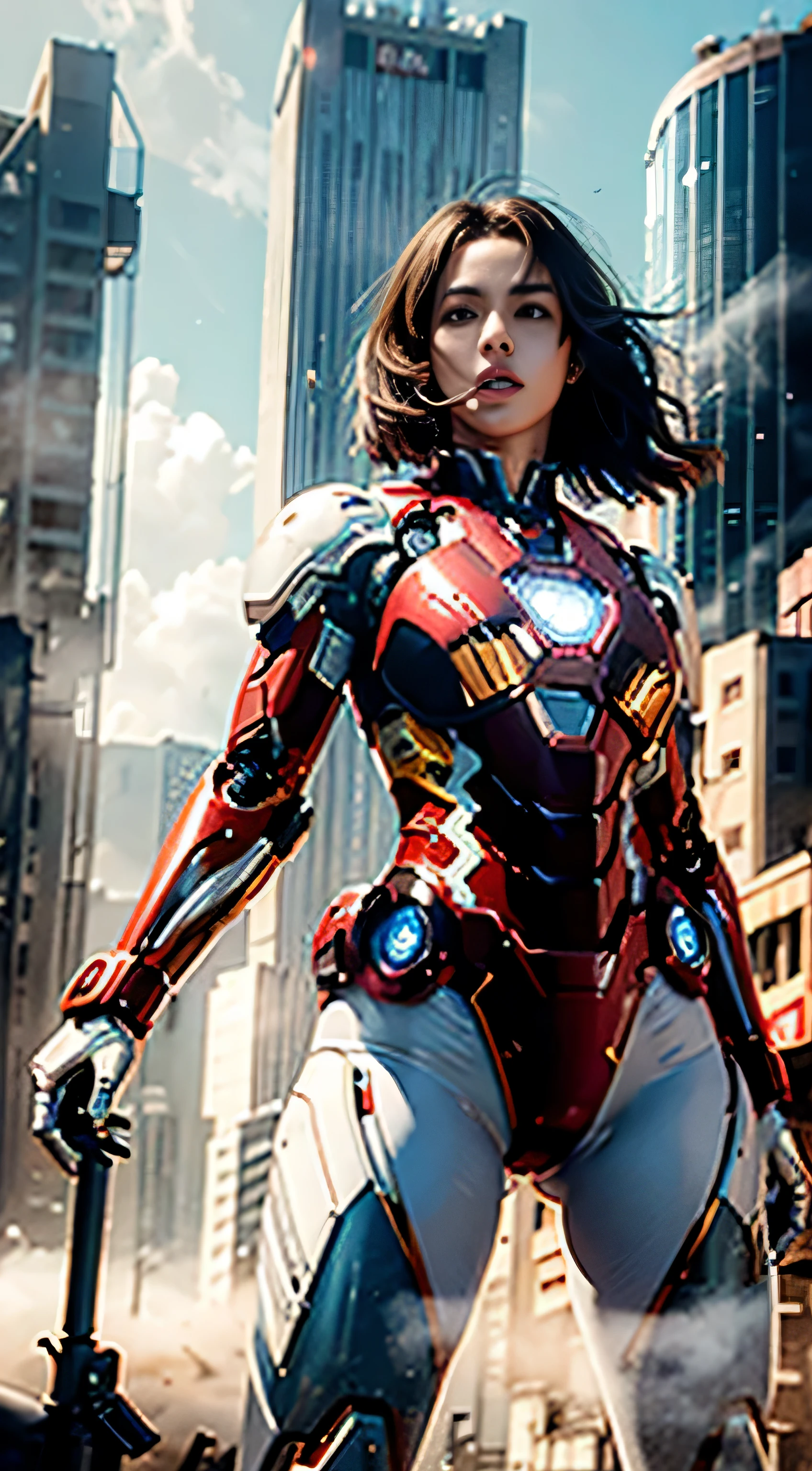 RAW, Masterpiece, Ultra Fine Photo,, Best Quality, Ultra High Resolution, Photorealistic, Sunlight, Full Body Portrait, Stunningly Beautiful,, Dynamic Poses, Delicate Face, Vibrant Eyes, (Side View) , she is wearing a futuristic Iron Man mech, red and gold color scheme, highly detailed abandoned warehouse background, detailed face, detailed and complex busy background, messy, gorgeous, milky white, high detailed skin, realistic skin details, visible pores , sharp focus, volumetric fog, 8k uhd, dslr camera, high quality, film grain, fair skin, photorealism, lomography, sprawling metropolis in futuristic dystopia, view from below, translucent
