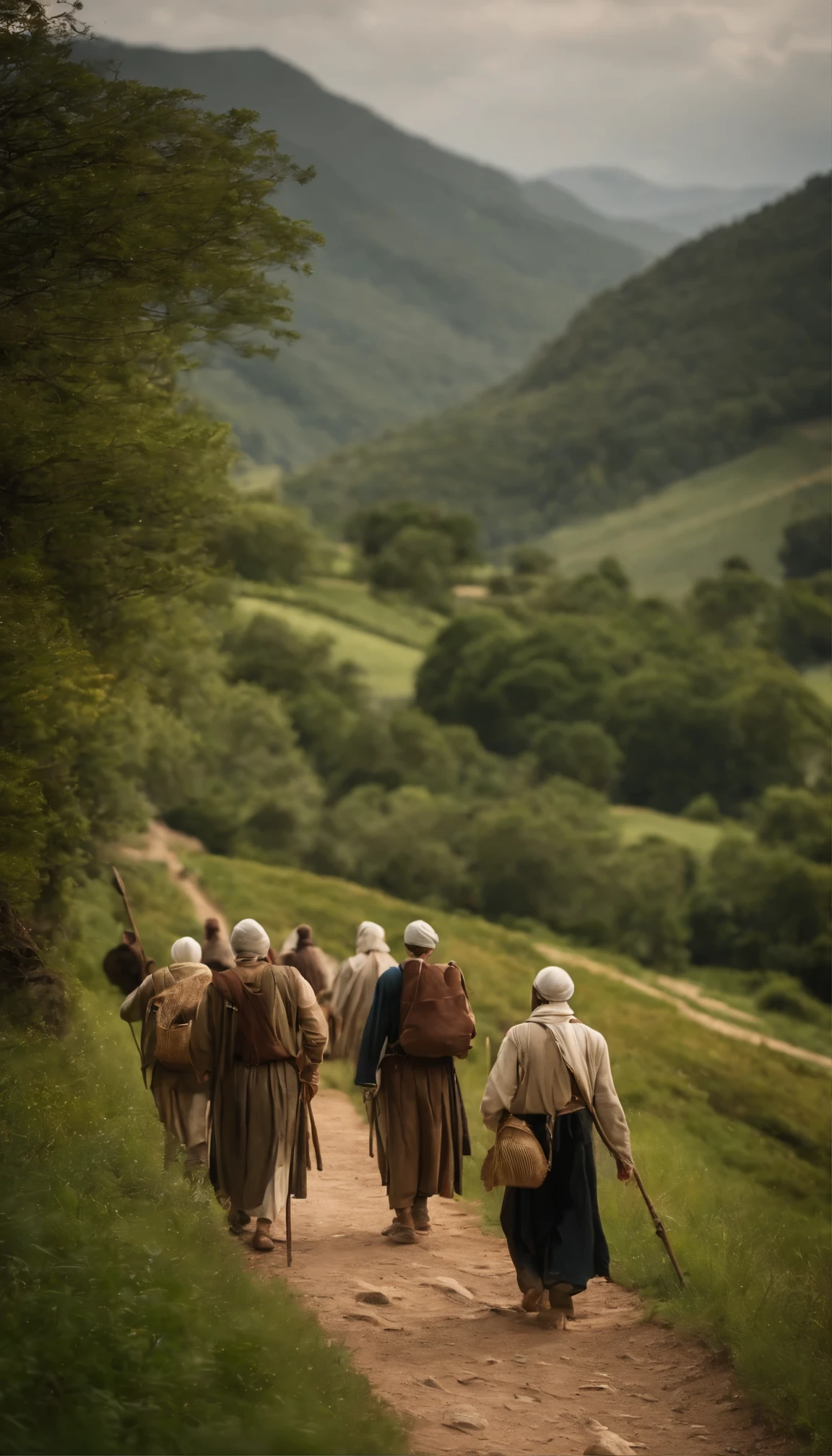 The photo depicts a group of pilgrims journeying on foot, carrying staffs and wearing simple, practical clothing. They are walking along a rugged path, surrounded by scenic countryside or a wooded landscape. Some pilgrims may be seen gazing towards a distant destination, while others engage in conversation or pause to rest. The image captures the spirit of pilgrimage, conveying a sense of perseverance, camaraderie, and the quest for spiritual fulfillment.