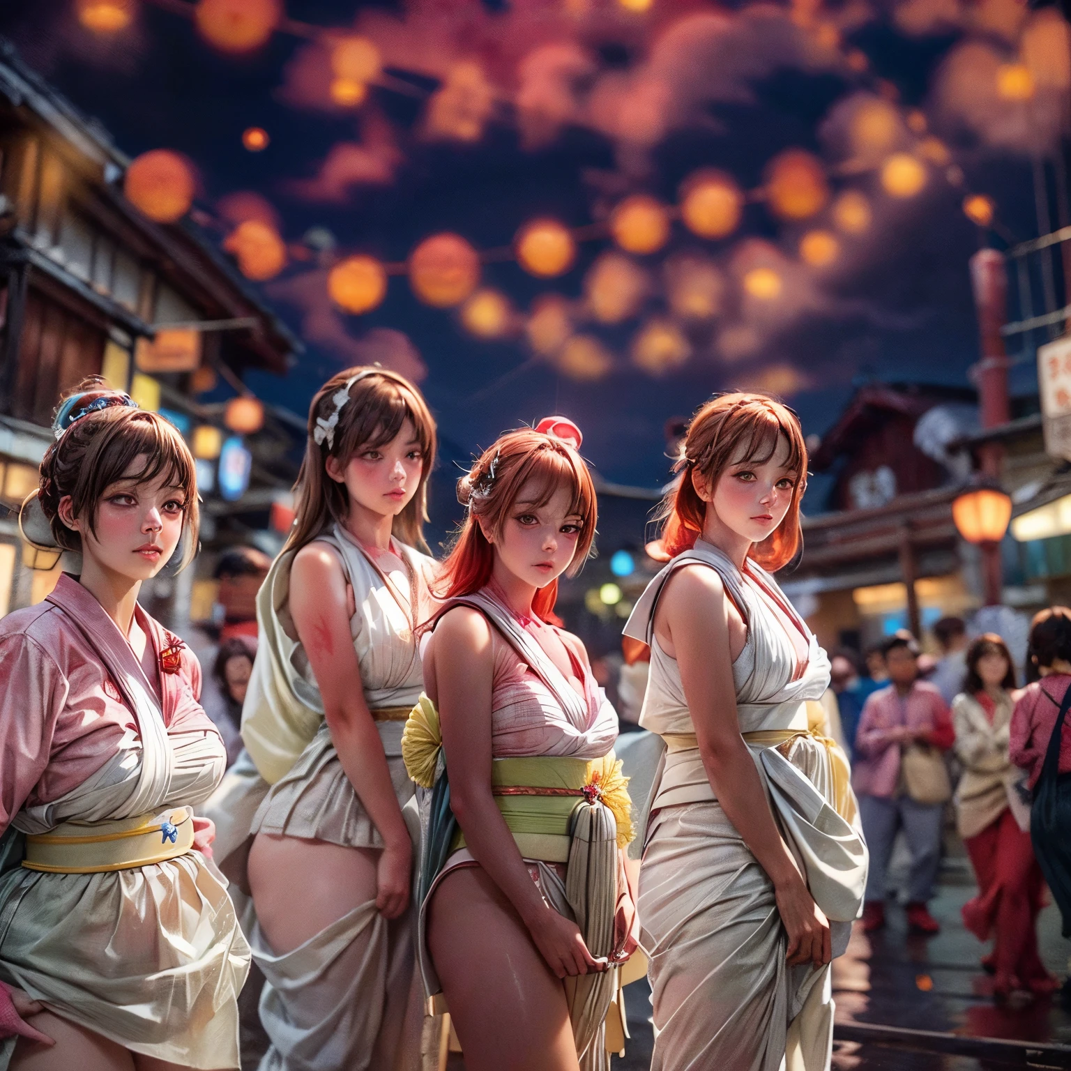 ((bokeH, Acutance:0.85, ultra-detailed:1.35)), (((from below))) . The background is the downtown area at (Twilight:1.4), (((Red-dyed clouds above hed:1.3))), { The Sky takes up more than third of the composition | (many colorful Lights:1.2) | lens flare | Burning | Haze | (luminous Particles) | Mystic sight | God rays | Lightning }, { Underboob | Oiled ivory skin | FullBody:1.2 } . (Masterpiece:1.2) of professional Analog photo with (Hasselblad), (((UltraRealistic and Photorealistic with touch of rawness:1.37, Volumetric lighting))) . ((( A group photo of KAWAII girls in WHITE Fundoshi, at Hakata Gion Ymakasa Festival ))), ((Extremely detailed KAWAII face variations)) . Assfocus with looking ahead .