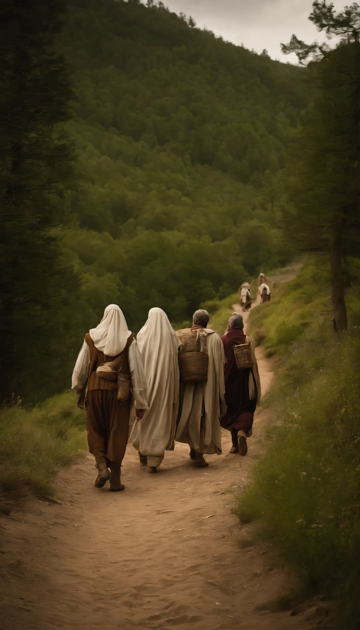 The photo depicts a group of pilgrims journeying on foot, carrying staffs and wearing simple, practical clothing. They are walking along a rugged path, surrounded by scenic countryside or a wooded landscape. Some pilgrims may be seen gazing towards a distant destination, while others engage in conversation or pause to rest. The image captures the spirit of pilgrimage, conveying a sense of perseverance, camaraderie, and the quest for spiritual fulfillment.