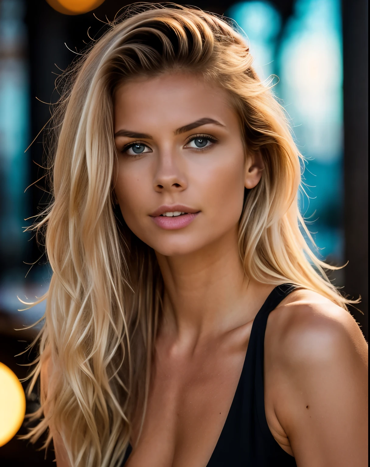 Fotoshooting eines Models(Full body), (Weitwinkelaufnahme), natural light, Fachmann, (4K-Foto:1.1) (scharfer Fokus:1.3), Hohe Detailgenauigkeit, Nice detailed face, haselnussbraune Augen, Langes blondes Haar, (attraktive junge Frau:1.3), (seductive:1.1), (Blush:1.1), Hourglass body shape, A girl, Im sexy schwarzen Kleid, (Sitting at a stylish bar at dusk).
