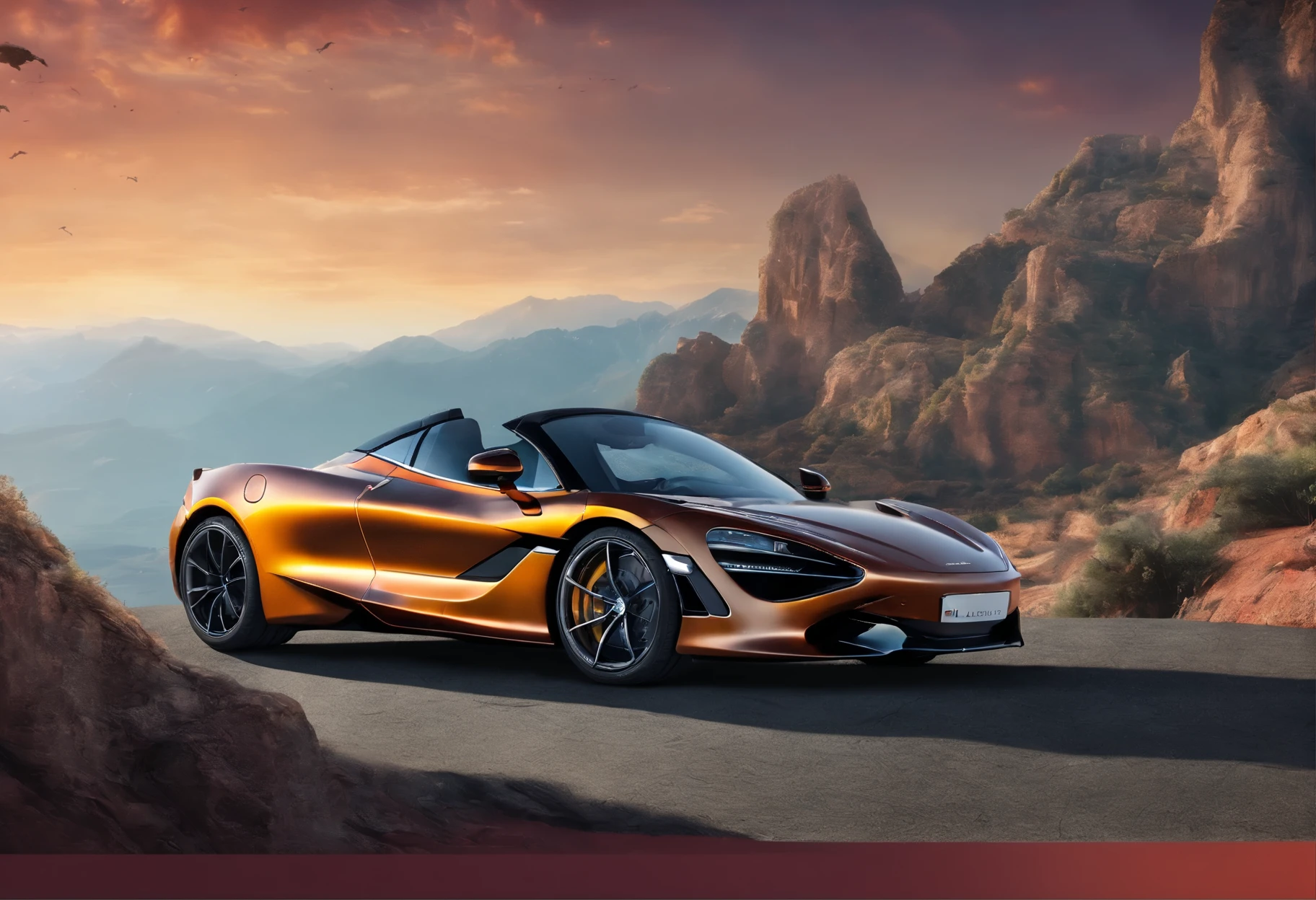 (Best quality, 8K, Masterpiece :1.2), Ultra photo realsisim, simplebackground, onthe mountain, Detailed McLaren 720s, The background is a cliff, Under the sunset,-1